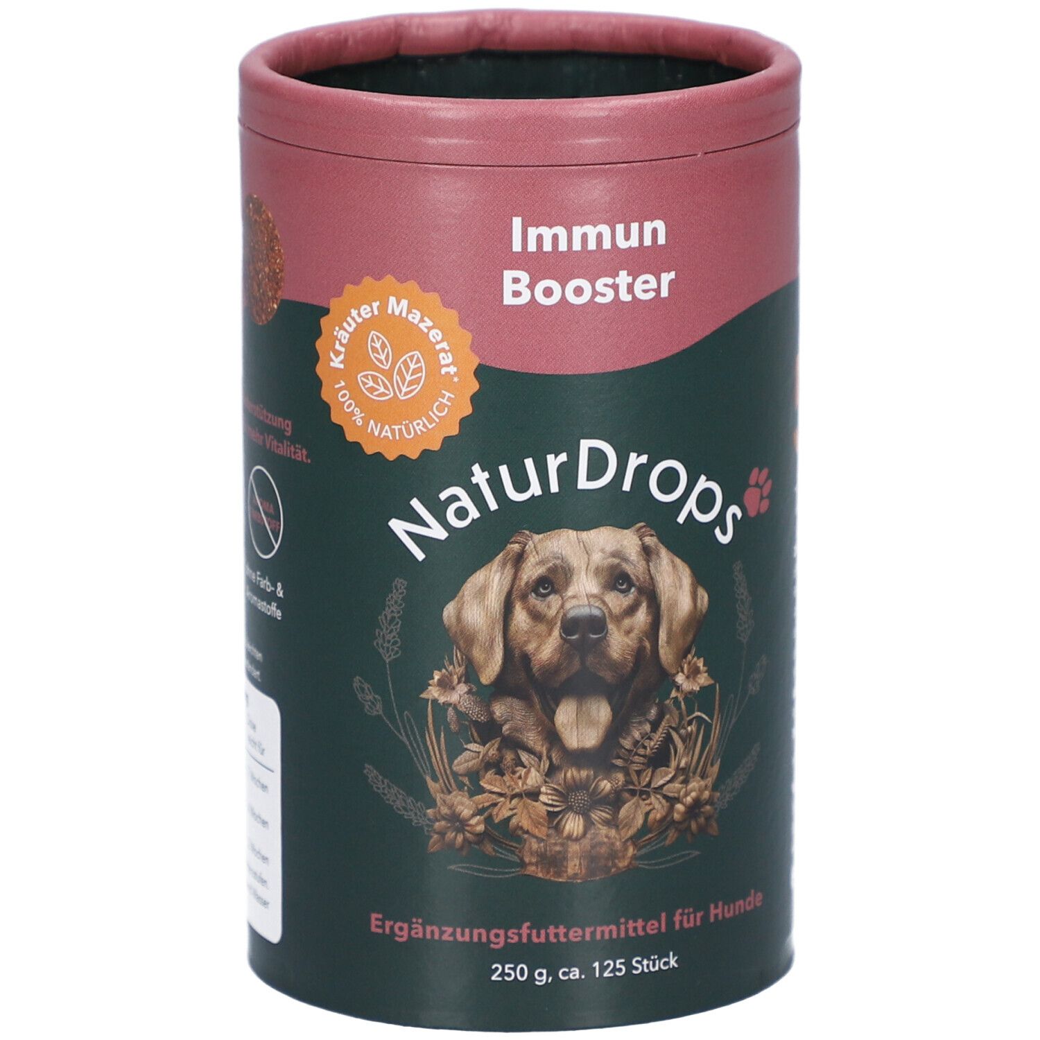 Zylindrische Dose mit Produkt für Hunde. Aufschrift: NaturDrops, Immun Booster. Abbildung eines Hundes.