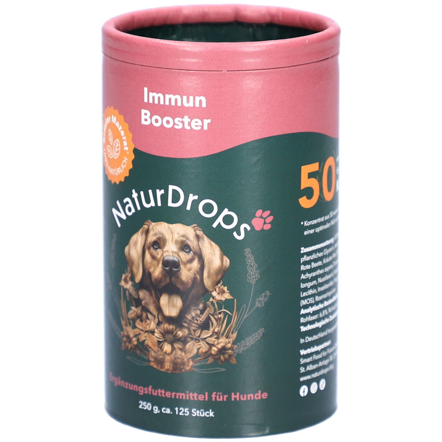 Zylindrische Dose mit Produkt für Hunde. Aufschrift: NaturDrops, Immun Booster, 50 Kräuter. Abbildung eines Hundes.