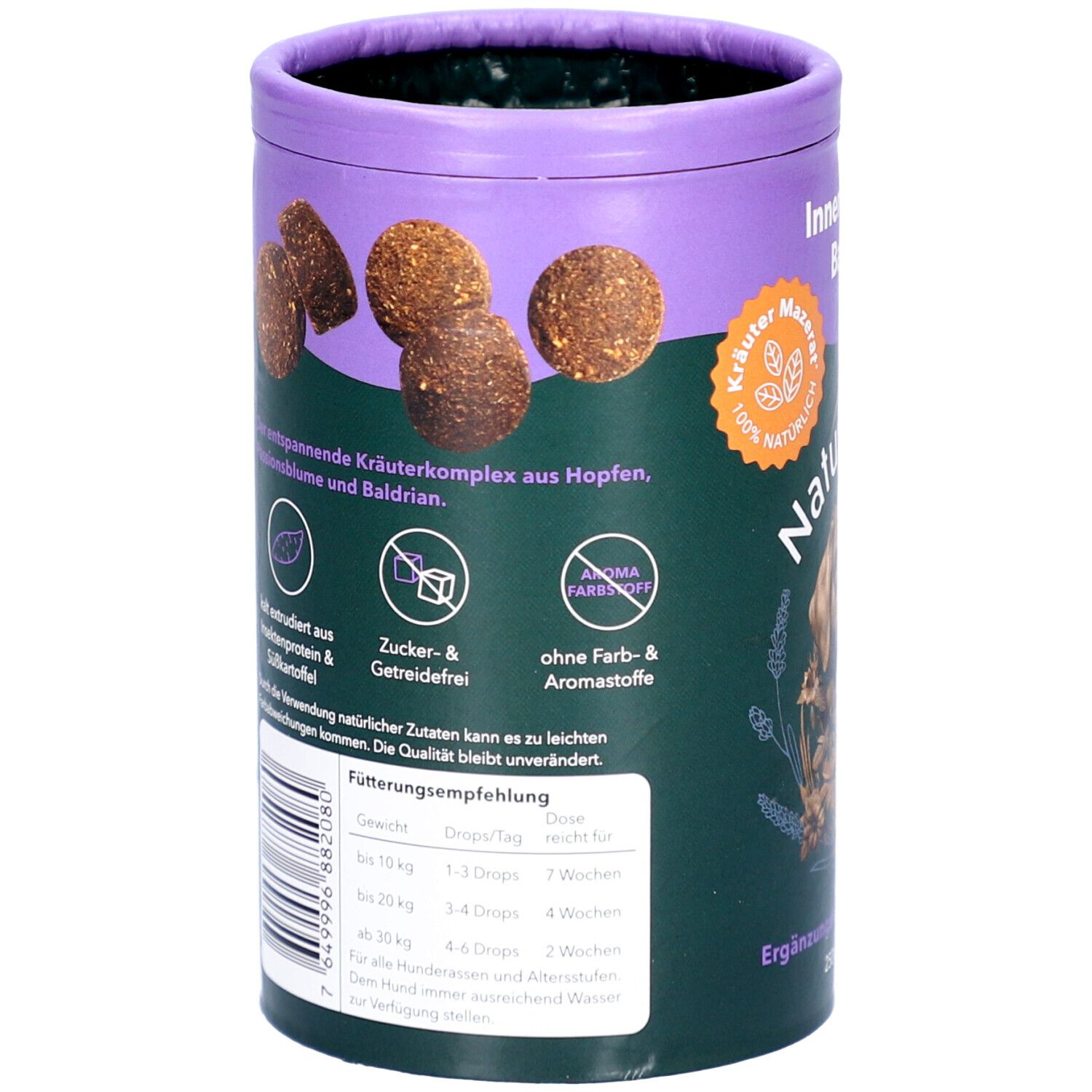 Rückseite der Dose mit Produktinformationen. Text in deutscher Sprache. Abgebildet sind Futterbrocken und Piktogramme.