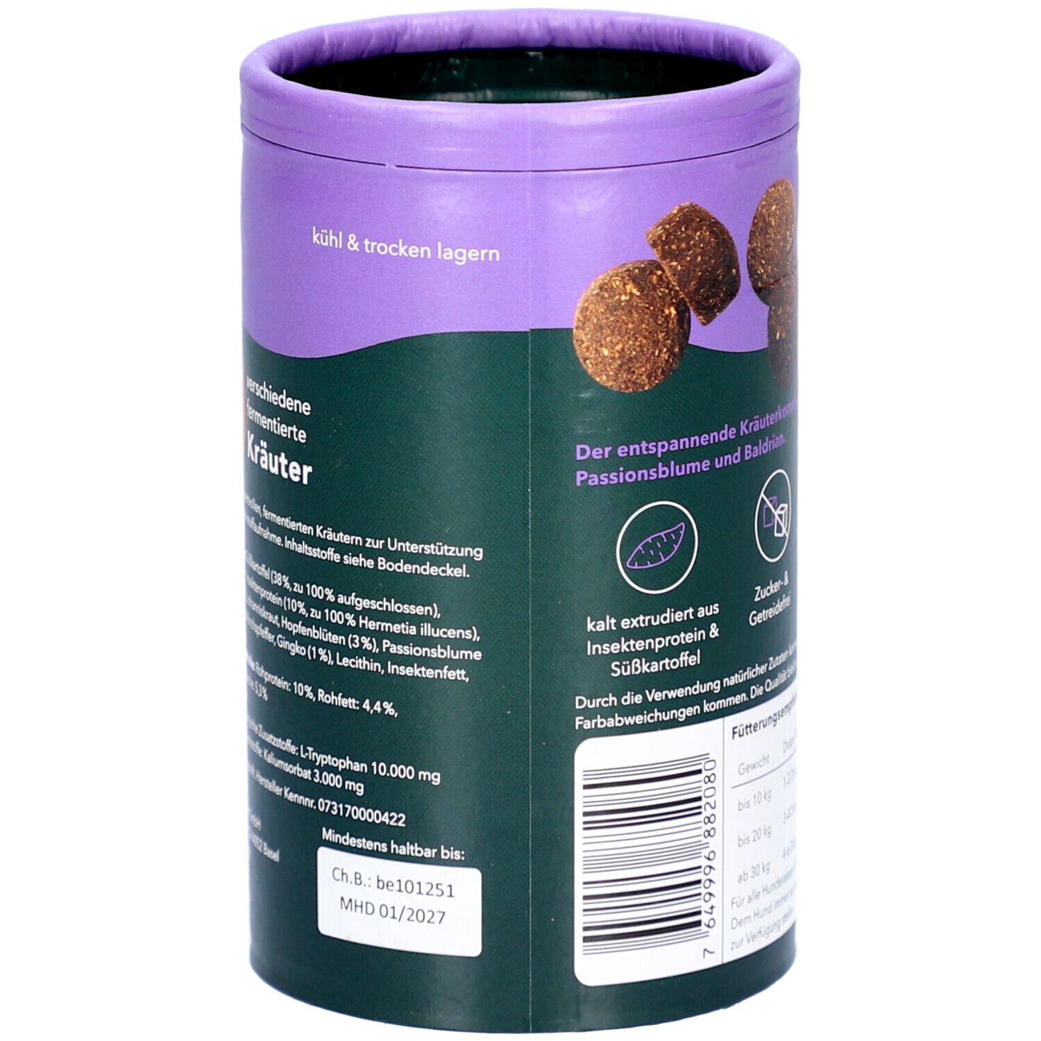 Rückseite der Dose mit Produktinformationen. Text in deutscher Sprache. Abgebildet sind Futterbrocken und Piktogramme.