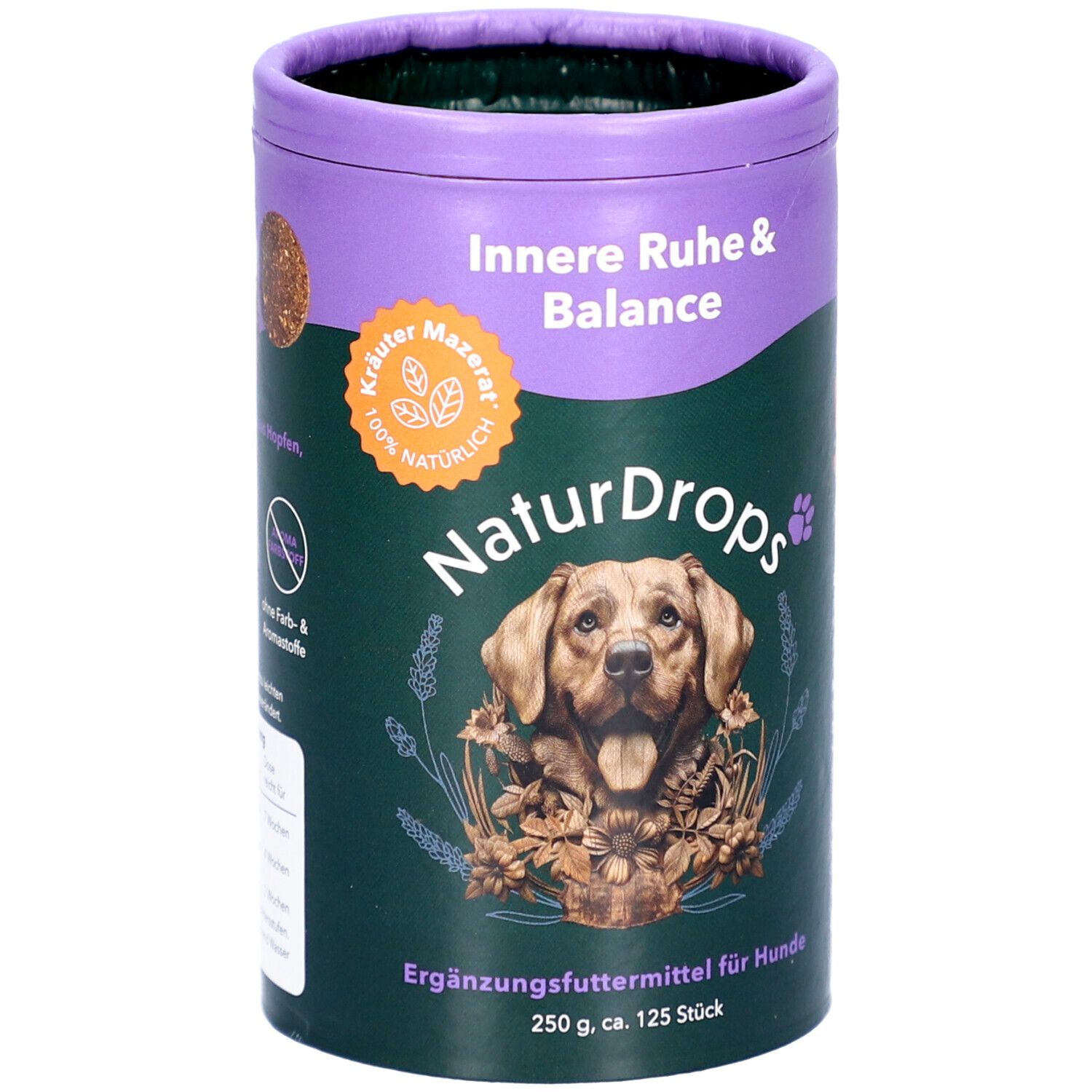 Zylindrische Dose mit Produktabbildung und Text. Oben lila, unten grün. Aufschrift: Innere Ruhe & Balance, NaturDrops, Kräuter Mazerat.