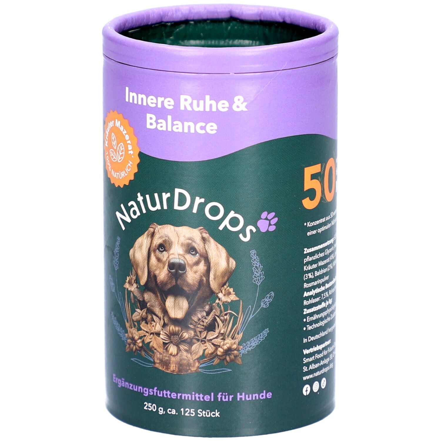Zylindrische Dose mit Produktabbildung und Text. Oben lila, unten grün. Aufschrift: Innere Ruhe & Balance, NaturDrops, Kräuter Mazerat.