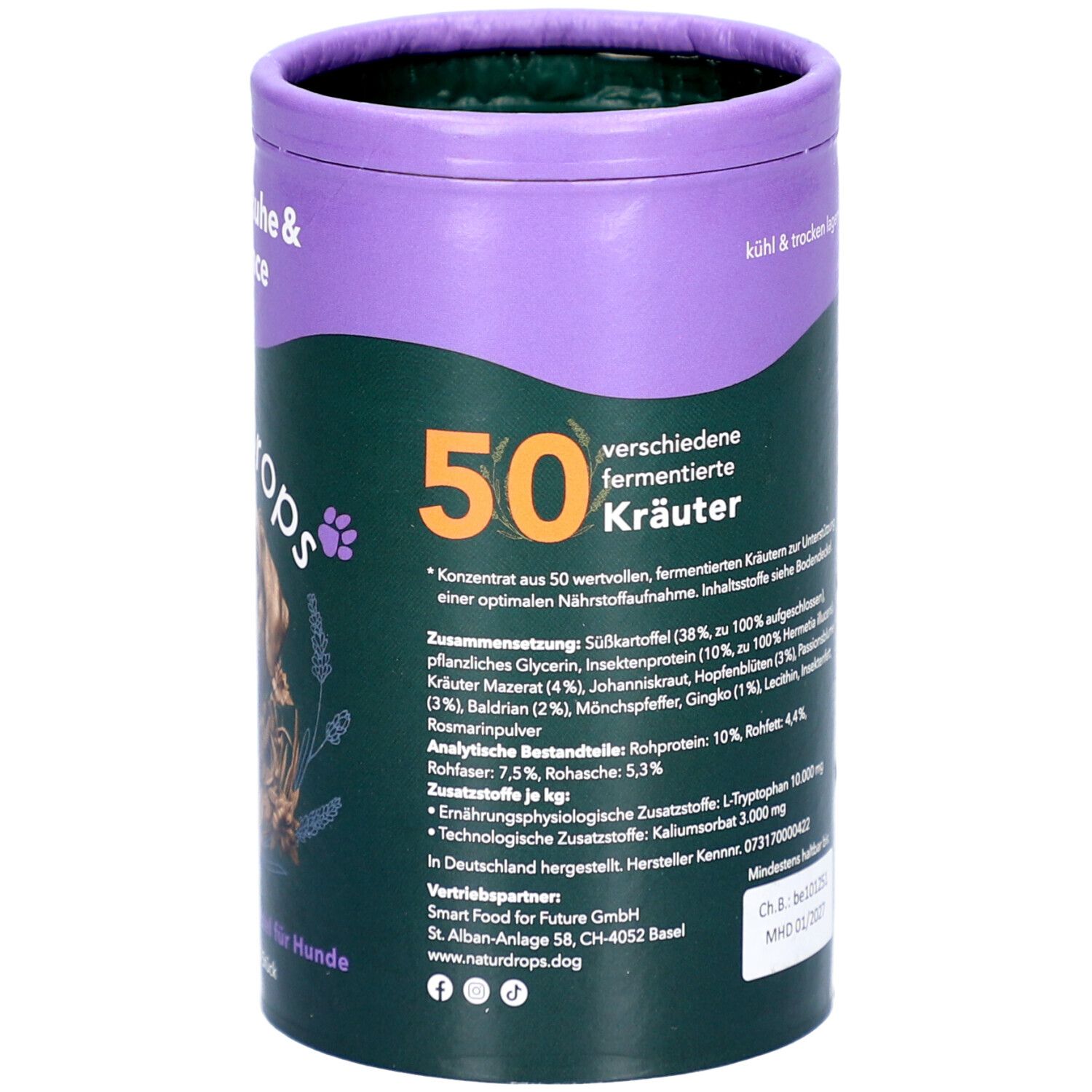 Zylindrische Dose mit Produktinformationen. Oben lila, unten grün. Aufschrift: Innere Ruhe & Balance, NaturDrops, 50 Kräuter.