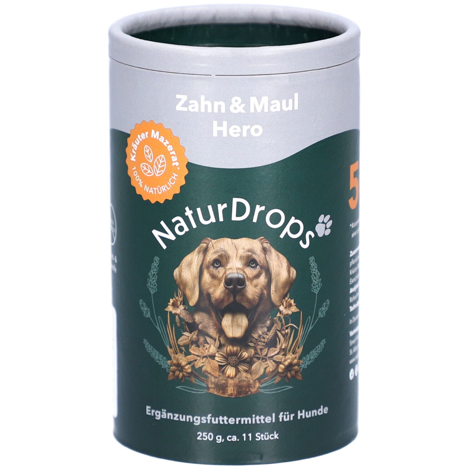 Zylindrische Dose mit Produktaufdruck. Aufschrift: Zahn & Maul Hero, NaturDrops. Bild eines Hundes. 100% natürlich. Ergänzungsfuttermittel für Hunde.