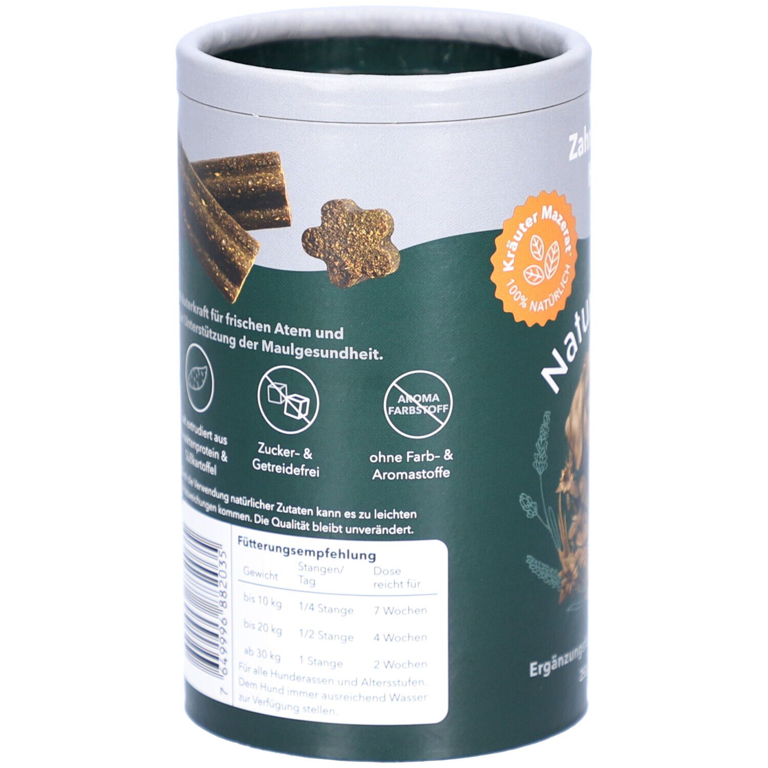 Rückseite der Dose mit Produktinformationen. Abgebildet sind Kaustangen und ein sternförmiges Produkt. Text: Zucker- & Getreidefrei, ohne Farb- & Aromastoffe.