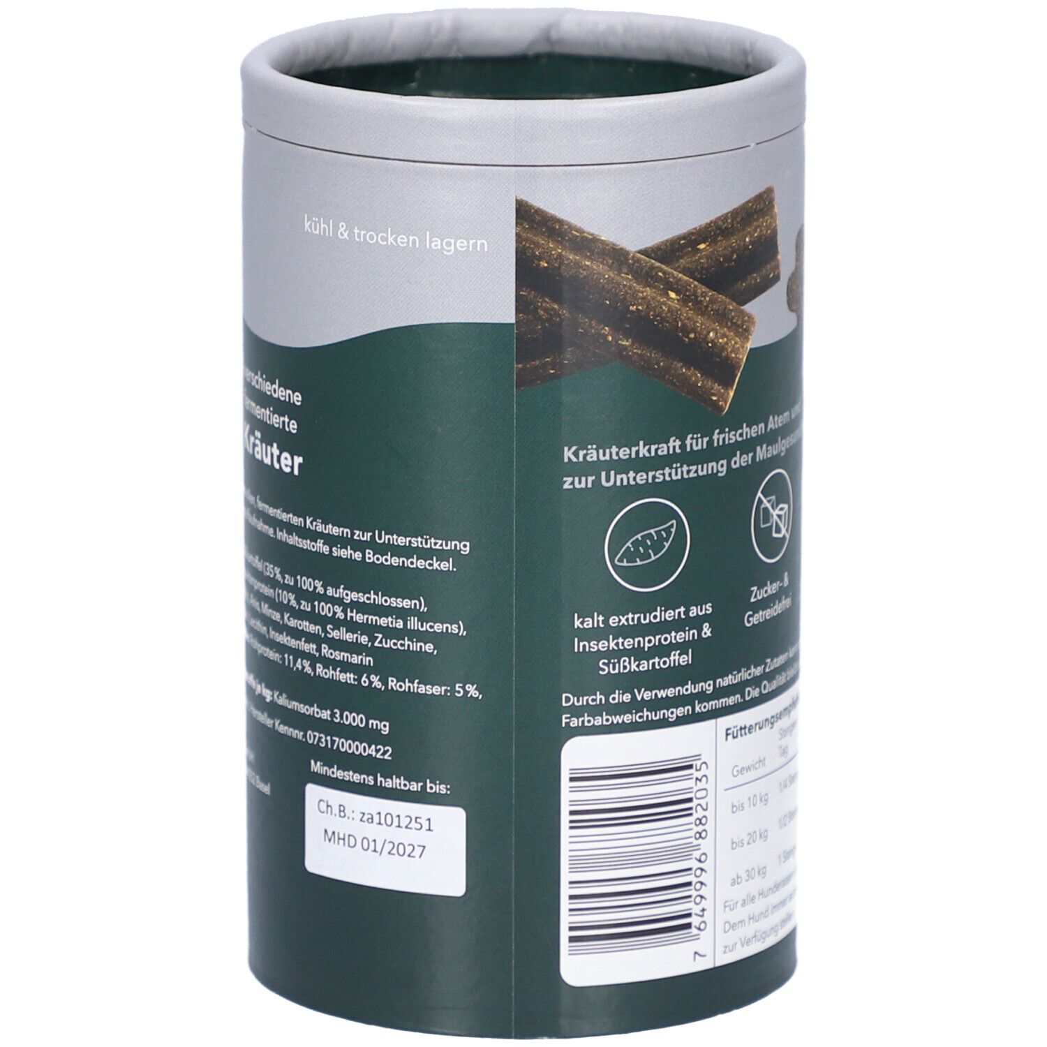 Rückseite der Dose mit Inhaltsstoffen und Haltbarkeitsdatum. Text: Kräuter für frischen Atem. Kühl & trocken lagern. MHD 01/2027.