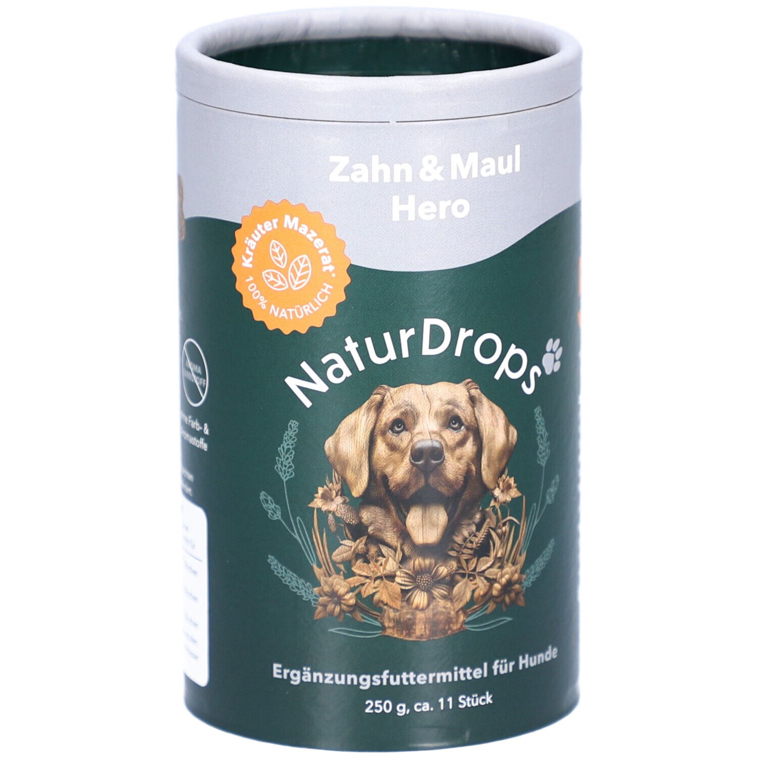 Zylindrische Dose mit Produktaufdruck. Aufschrift: Zahn & Maul Hero, NaturDrops. Bild eines Hundes. Ergänzungsfuttermittel für Hunde.