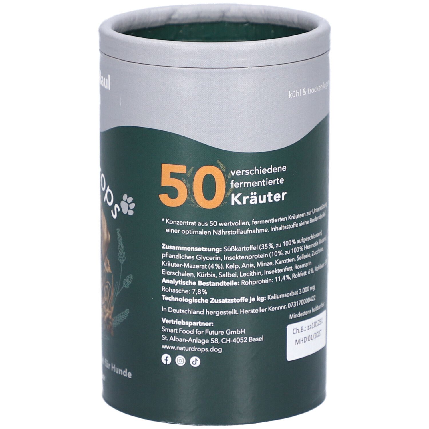 Rückseite der Dose mit Produktinformationen. Text: 50 verschiedene fermentierte Kräuter. Zusammensetzung, Analytische Bestandteile, Hersteller.