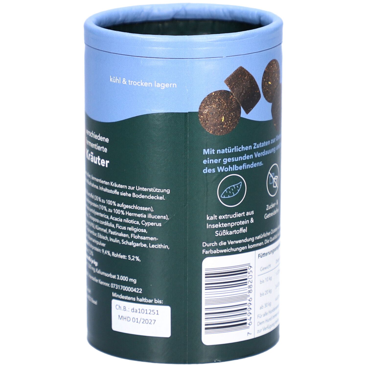 Rückseite der Dose mit Text. Enthält Informationen zu Inhaltsstoffen und Lagerung. Oben: 'Kühl & trocken lagern'.