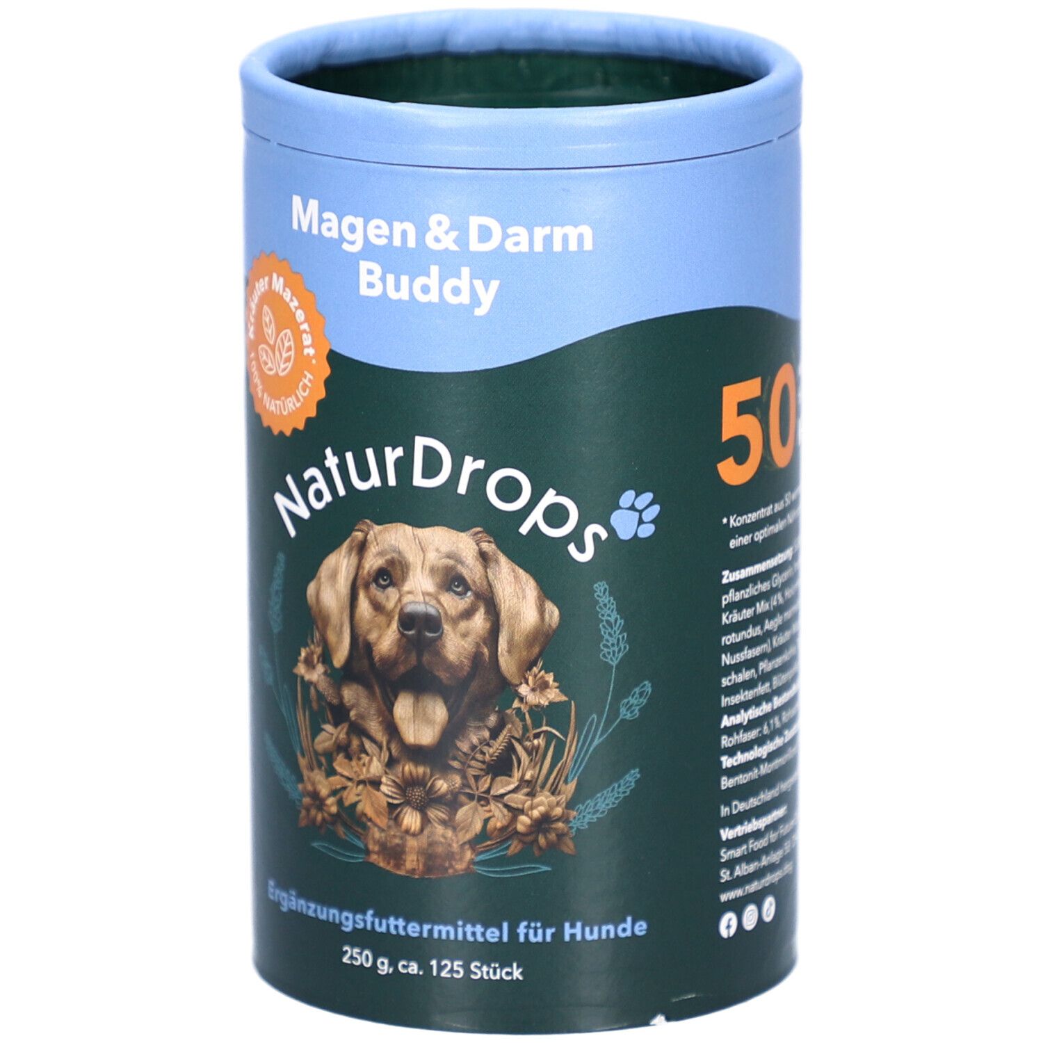 Zylindrische Dose mit Produktaufdruck. Oben blau, unten grün. Aufdruck: Magen & Darm Buddy, NaturDrops, Hund, 50.