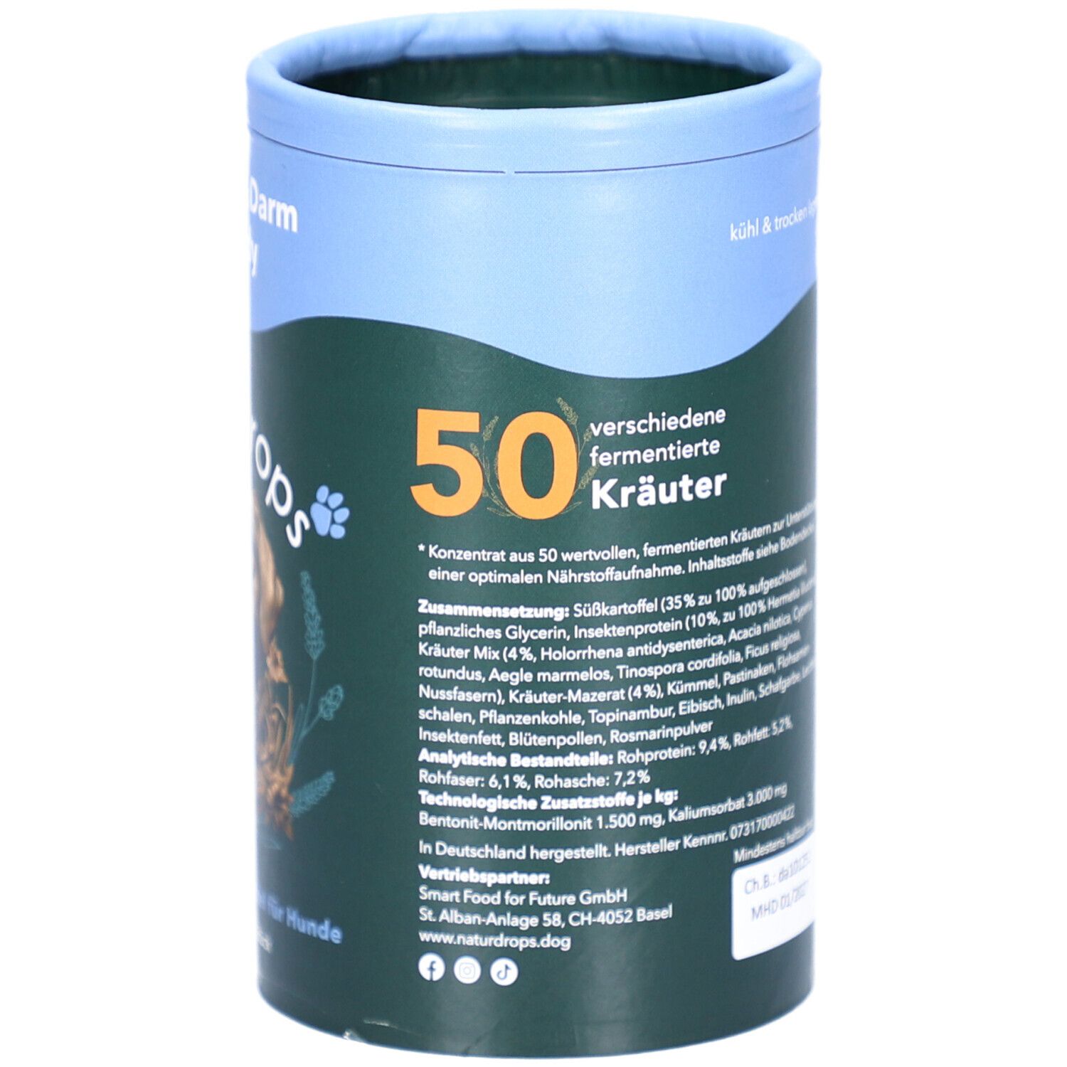 Rückseite der Dose mit Text. Enthält Informationen zu Inhaltsstoffen und Hersteller. Oben: 'Kühl & trocken lagern'.