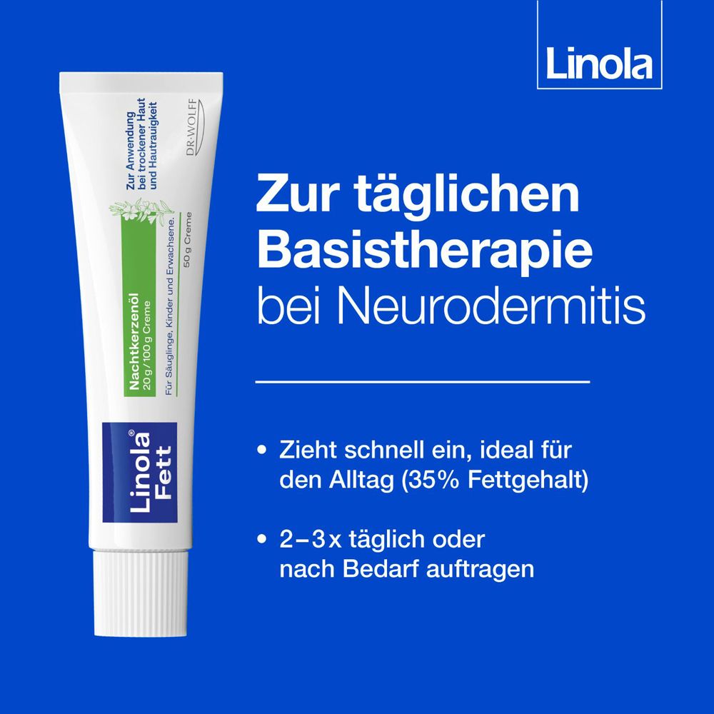 Creme-Tube. Text: Zur täglichen Basistherapie bei Neurodermitis. Zieht schnell ein.