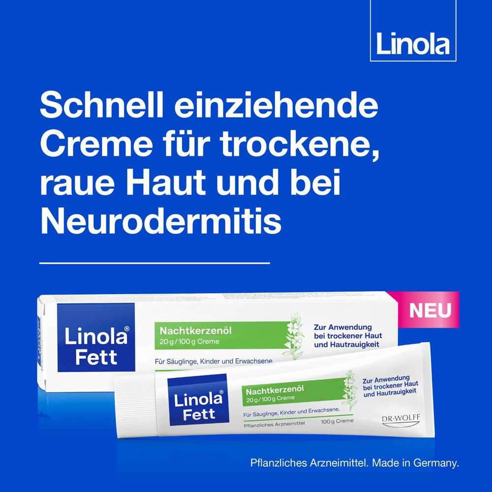 Blaue Grafik mit Text: Schnell einziehende Creme für trockene, raue Haut und Neurodermitis.