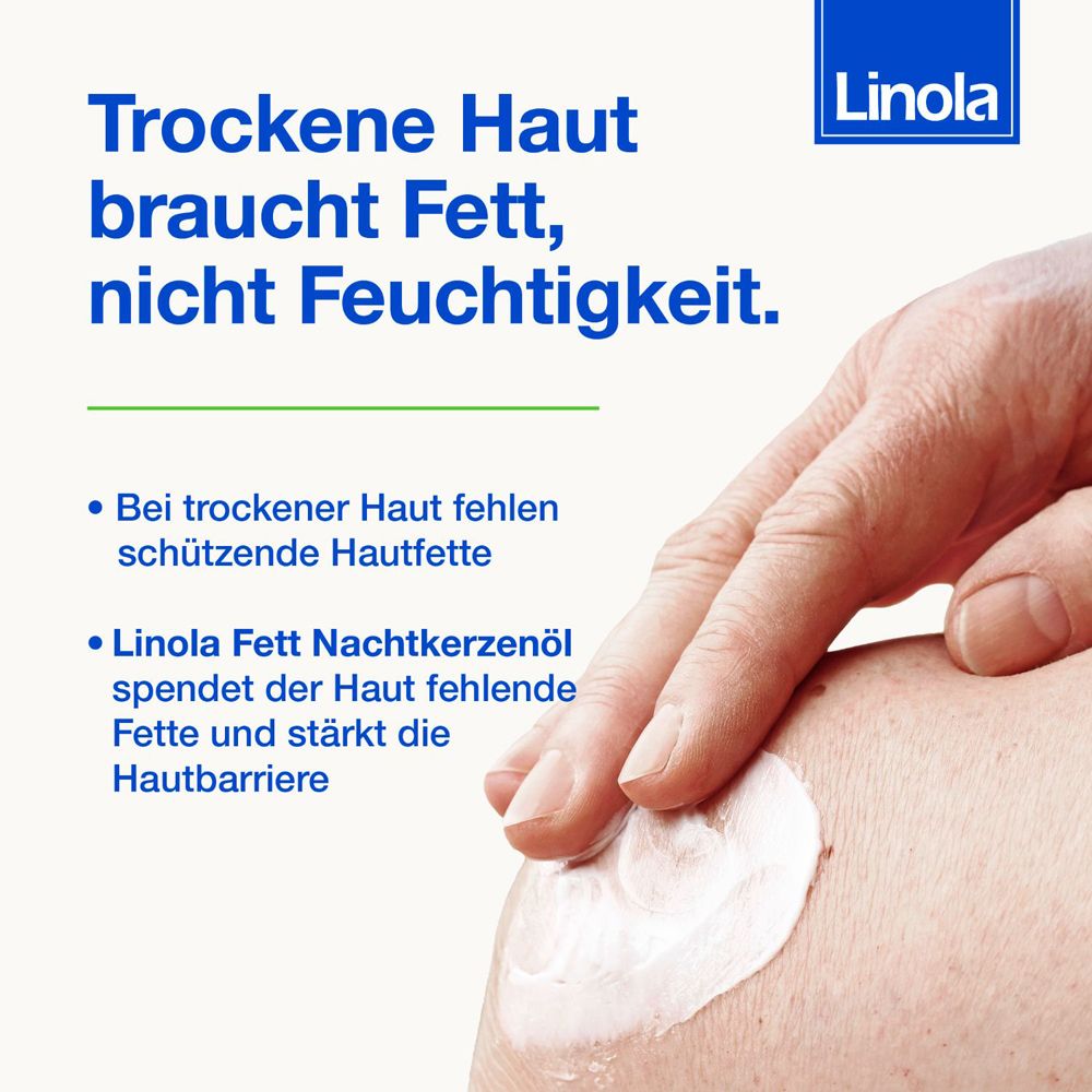 Text: Trockene Haut braucht Fett, nicht Feuchtigkeit. Creme auf Haut aufgetragen.