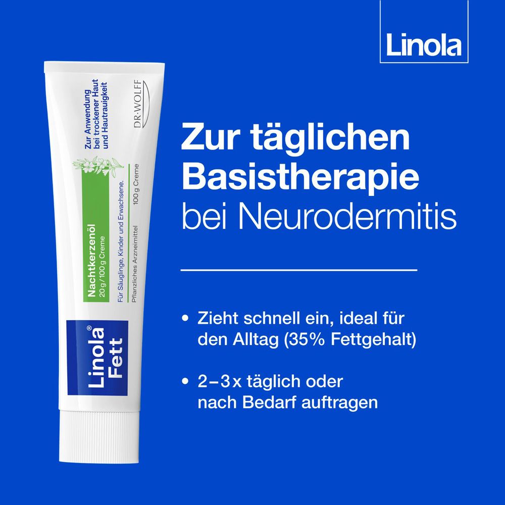 Text: Zur täglichen Basistherapie bei Neurodermitis. Creme-Tube. 35% Fettgehalt.
