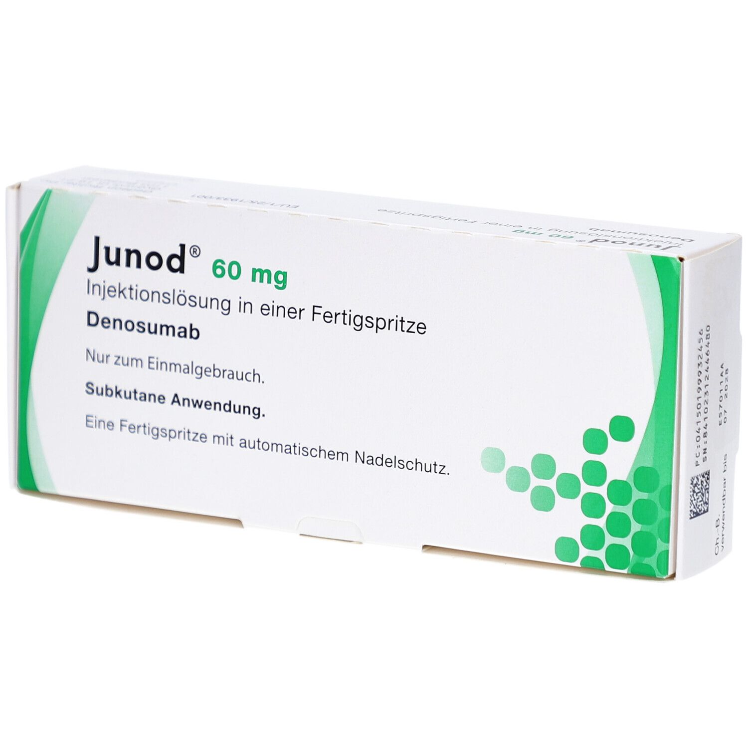 Schachtel mit JUNOD 60 mg Injektionslösung. Text: Denosumab, Fertigspritze, subkutane Anwendung. Grüne Akzente.