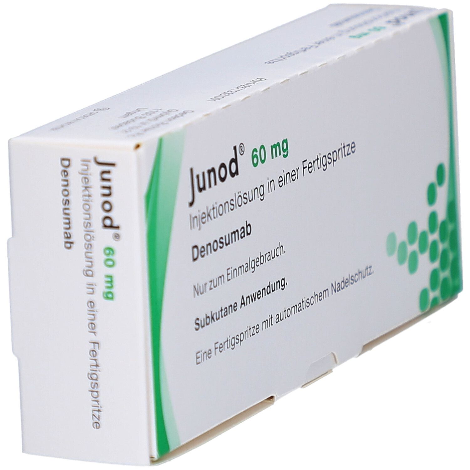 Schachtel JUNOD 60 mg, Injektionslösung. Text: Denosumab, Fertigspritze, subkutane Anwendung. Schräge Ansicht.