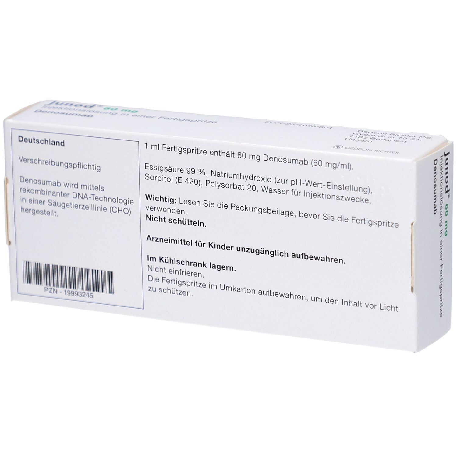 Rückseite der JUNOD-Schachtel. Text: Inhaltsstoffe, Anwendungshinweise, Lagerung. PZN-19993245.