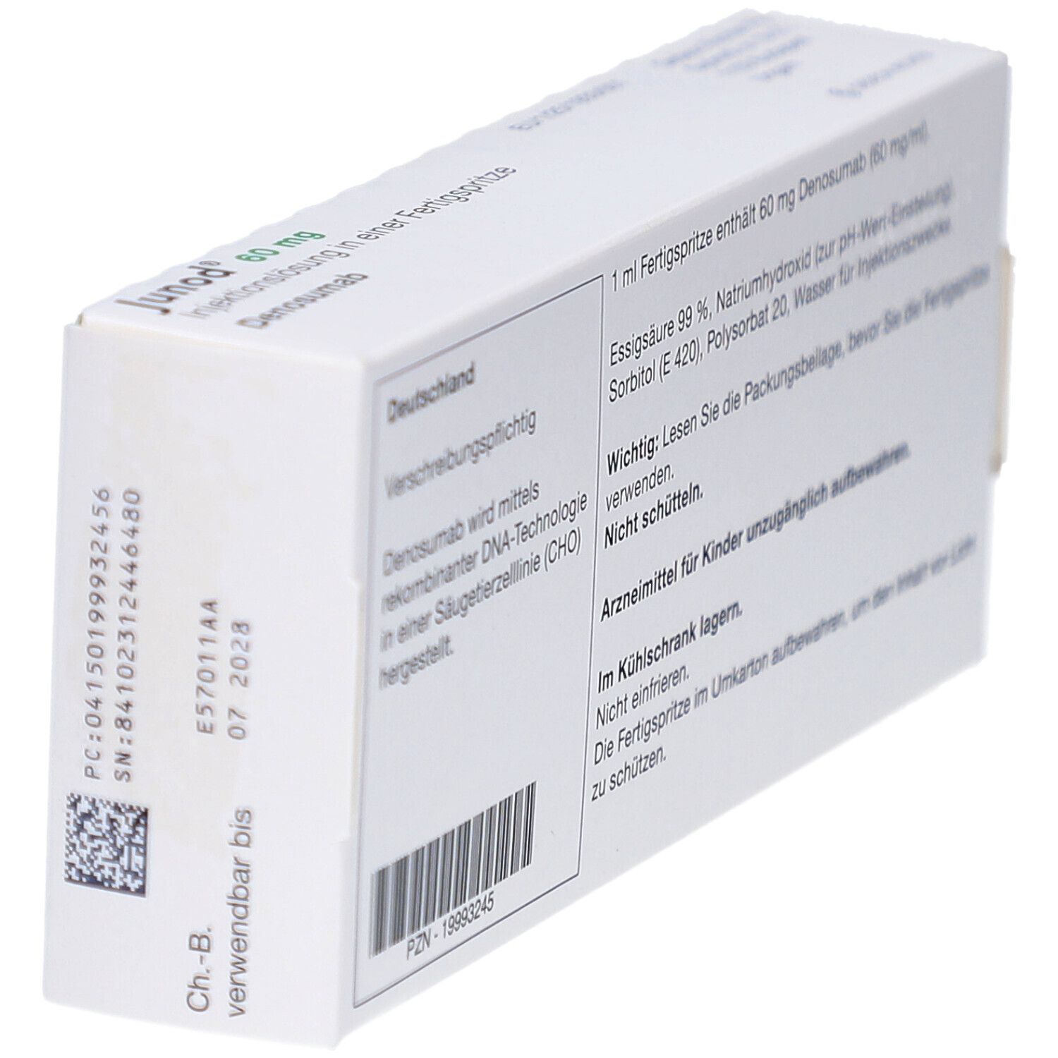 Rückseite der JUNOD-Schachtel. Text: Verfallsdatum, Chargennummer, Inhaltsstoffe. PZN-19993245.