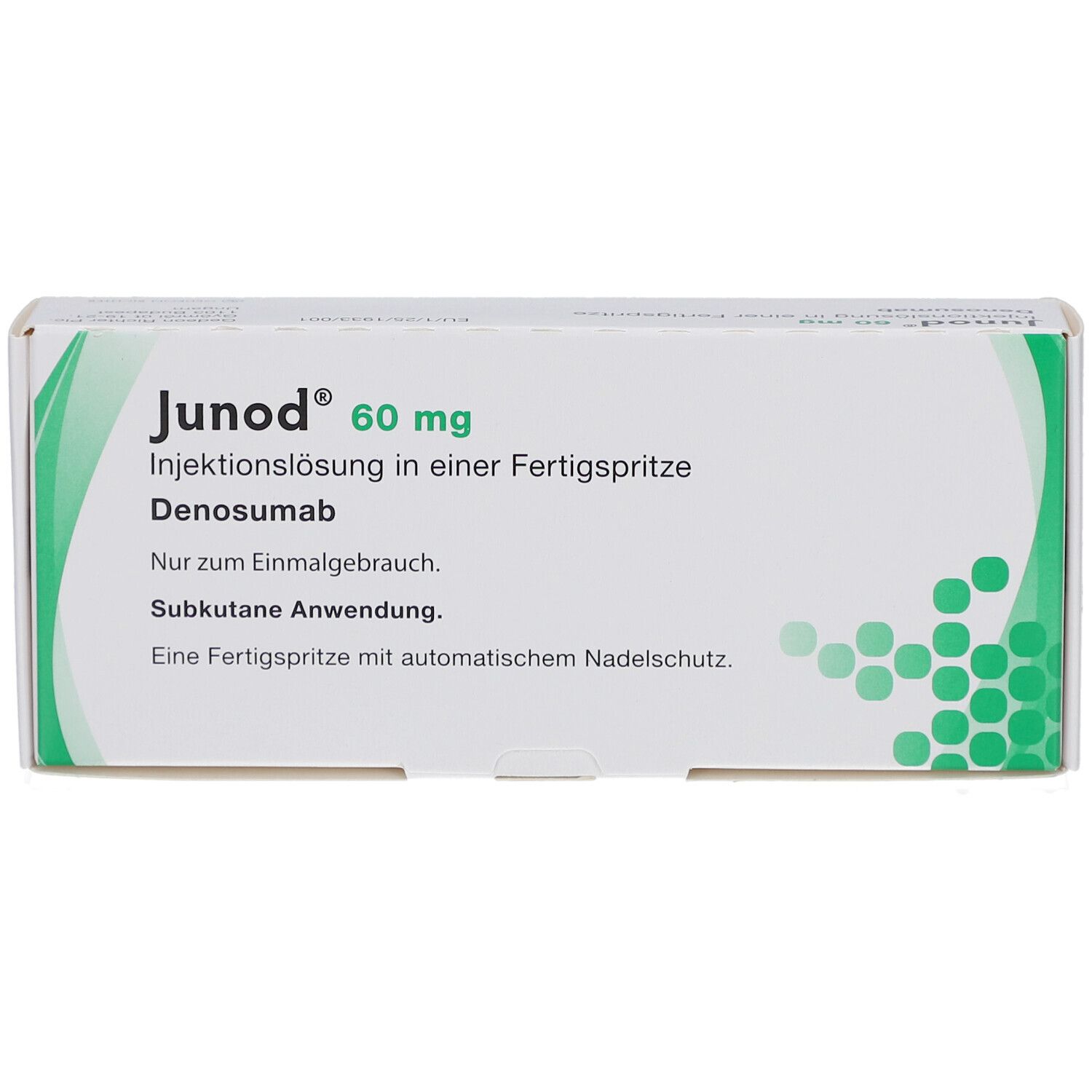 Schachtel JUNOD 60 mg Injektionslösung. Text: Denosumab, Fertigspritze, subkutane Anwendung. Frontalansicht.