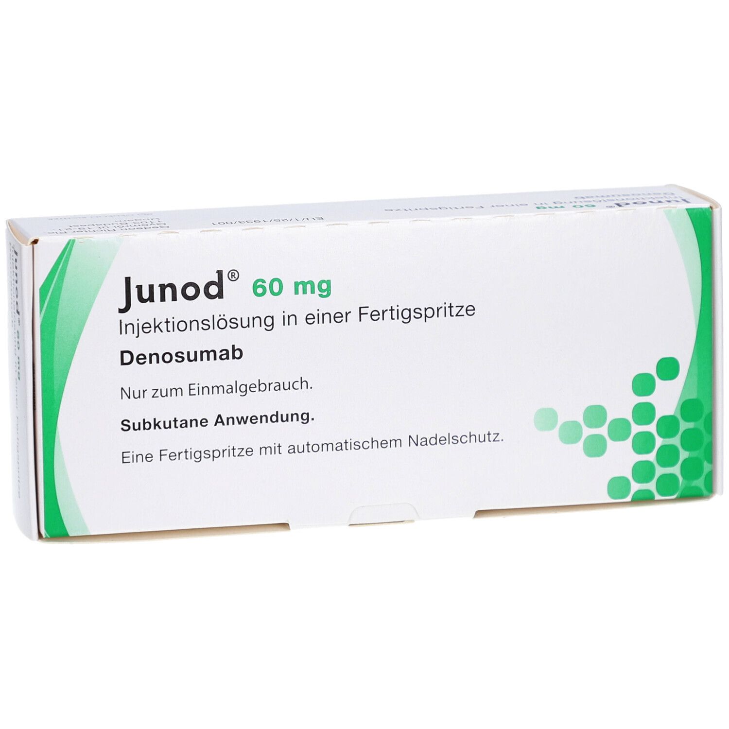Schachtel JUNOD 60 mg Injektionslösung. Text: Denosumab, Fertigspritze, subkutane Anwendung. Grüne Punkte.
