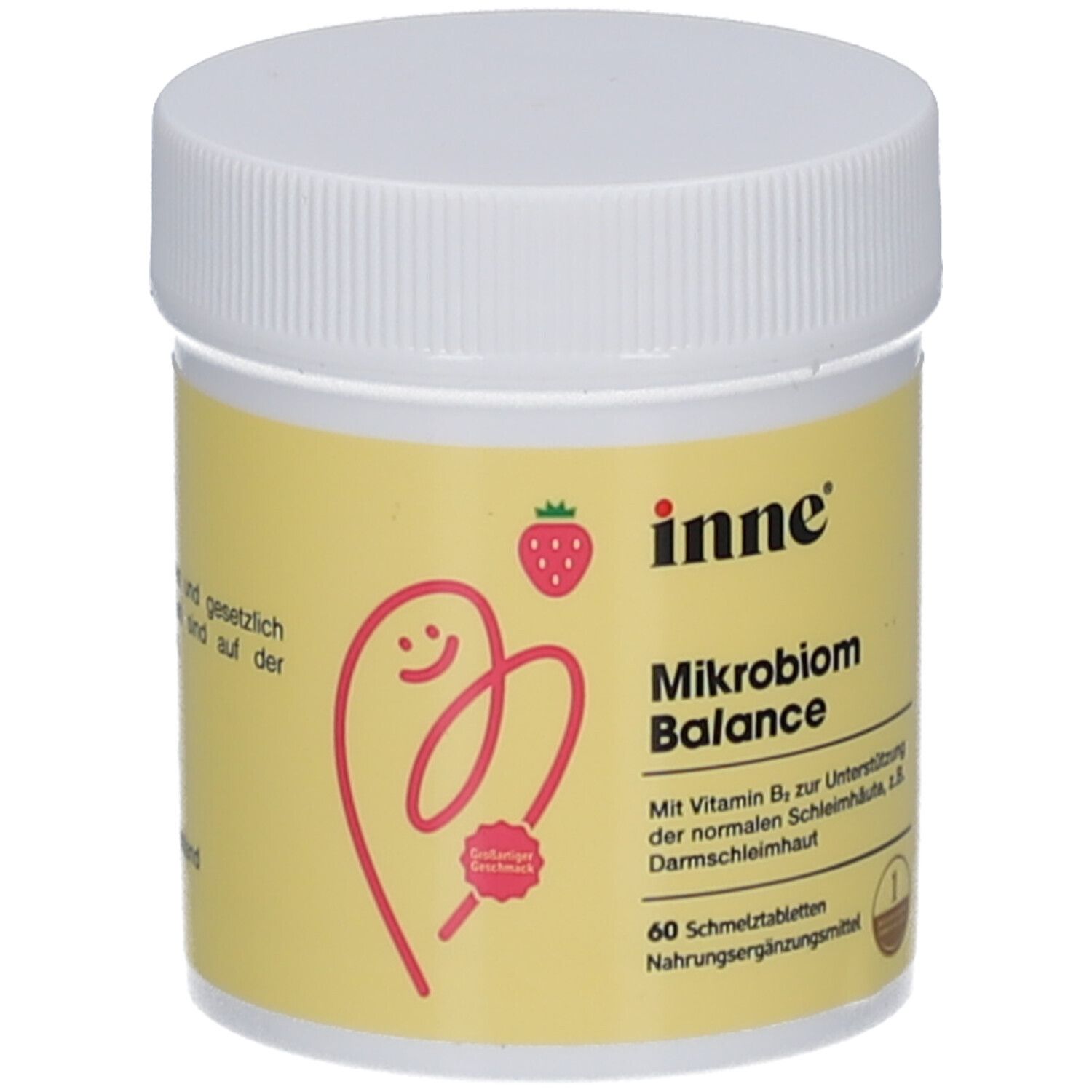 Weißes Döschen mit gelbem Etikett. Aufschrift: inne, Mikrobiom Balance, 60 Schmelztabletten. Erdbeer-Illustration.