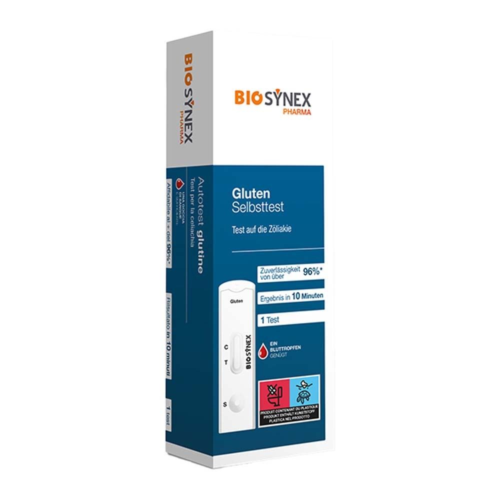 Schachtel mit BIOSYNEX® Gluten Selbsttest. Blaue und weiße Verpackung. Enthält Teststreifen und Informationen.