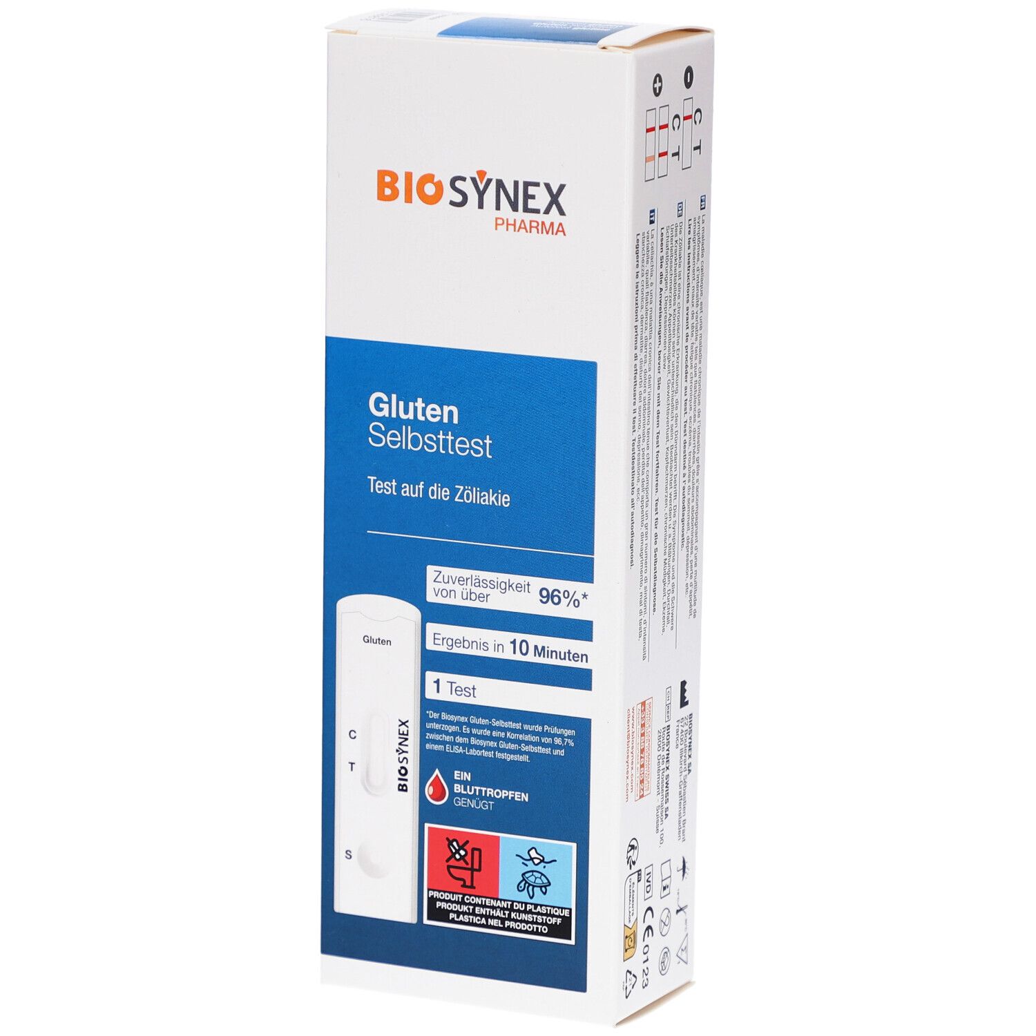 BIOSYNEX® Gluten Selbsttest-Verpackung. Enthält Teststreifen. Blaue und weiße Verpackung mit Produktinformationen und Logo.