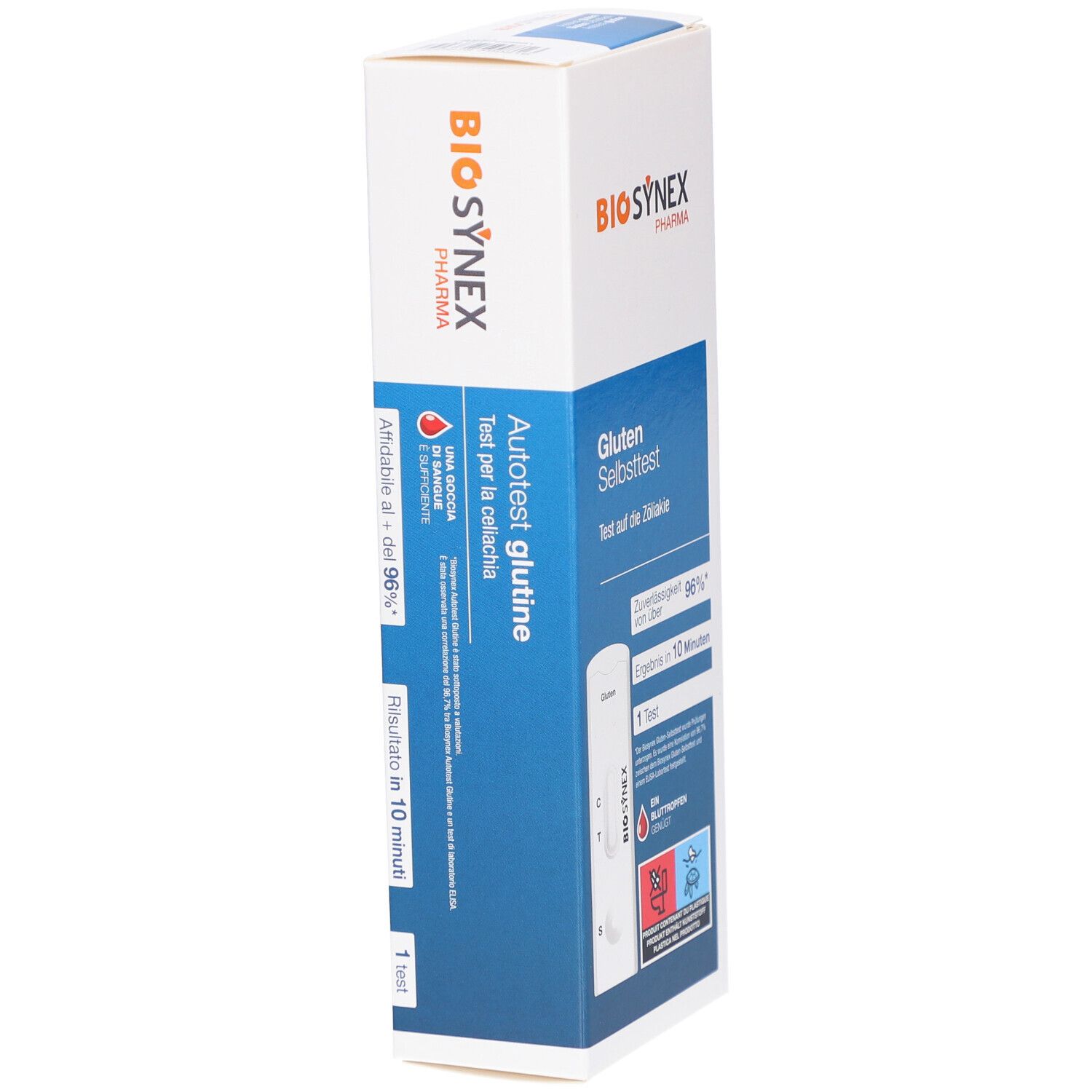 BIOSYNEX® Gluten Selbsttest-Verpackung. Blaue und weiße Verpackung mit Produktinformationen. Enthält Teststreifen.