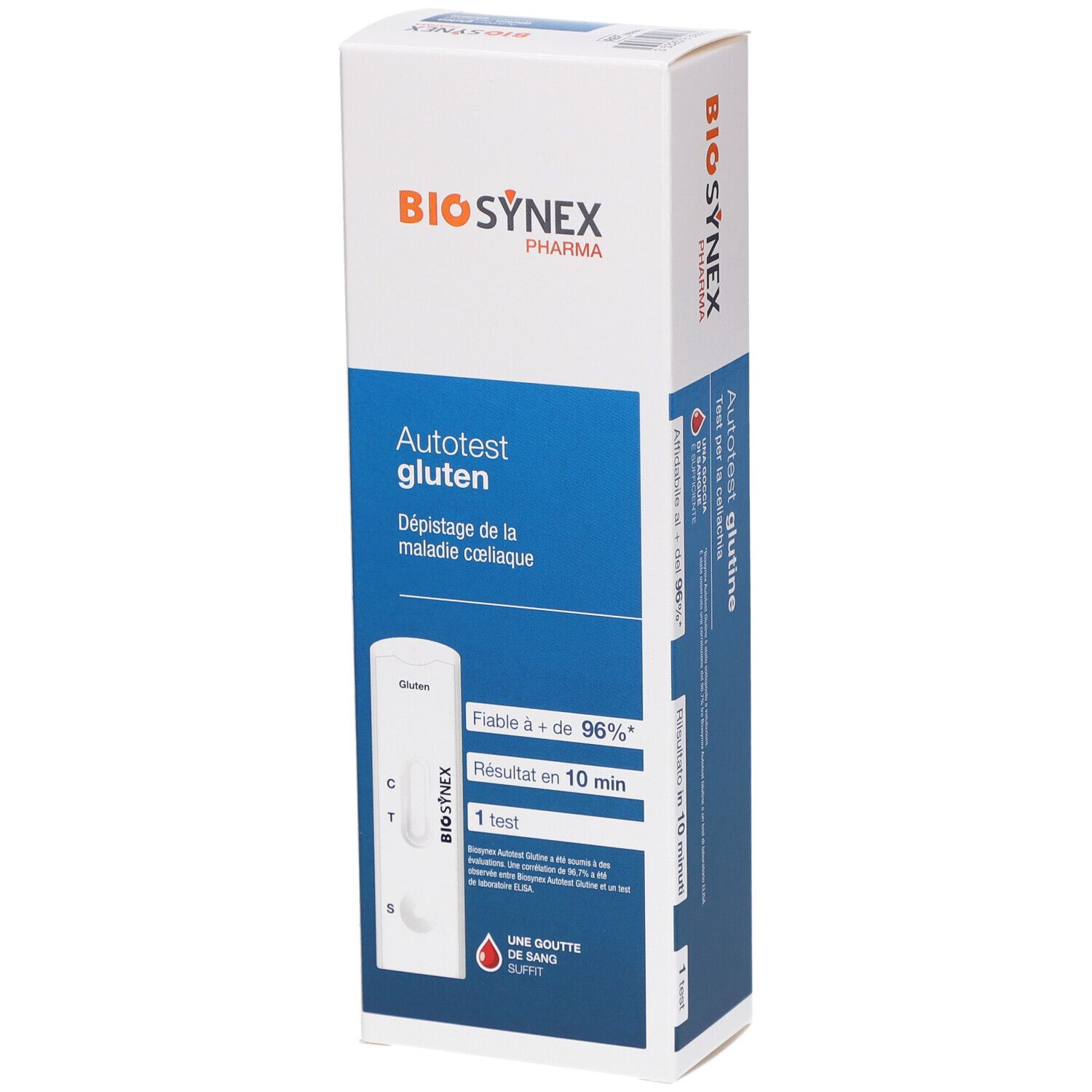 BIOSYNEX® Gluten Autotest-Verpackung. Blaue und weiße Verpackung mit Produktinformationen. Enthält Teststreifen.