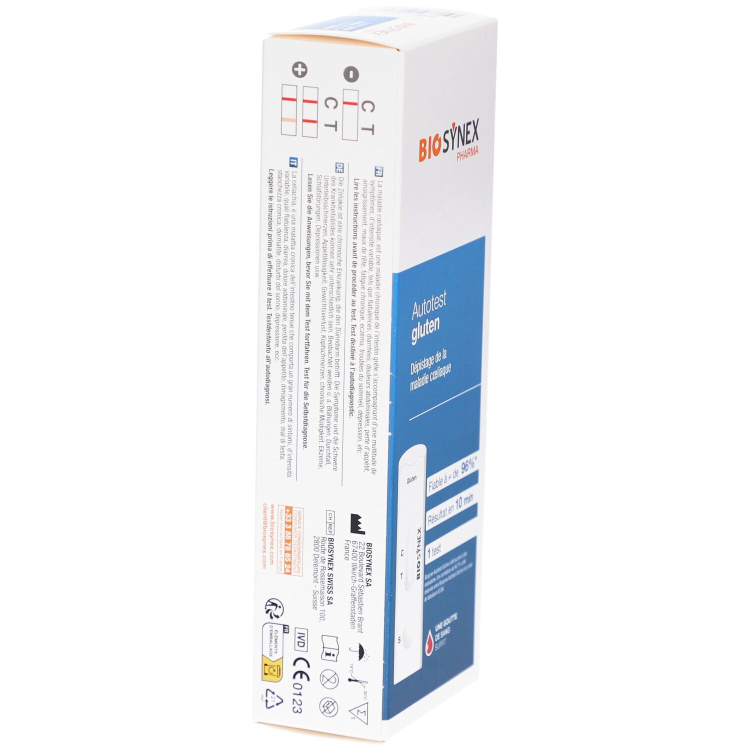 BIOSYNEX® Gluten Selbsttest-Verpackung. Rückseite mit Produktinformationen und CE-Kennzeichnung. Enthält Teststreifen.