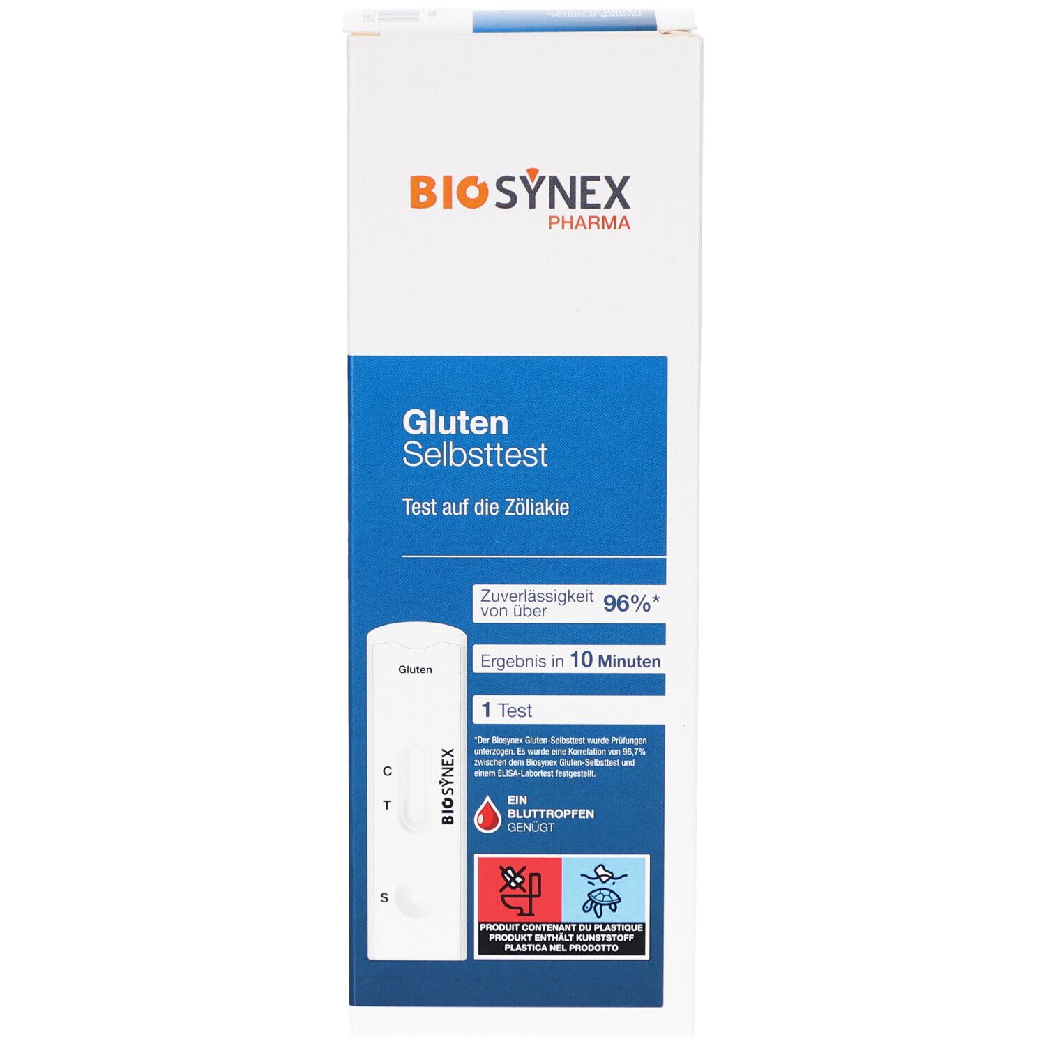 BIOSYNEX® Gluten Selbsttest-Verpackung. Blaue und weiße Verpackung mit Produktinformationen. Enthält Teststreifen.