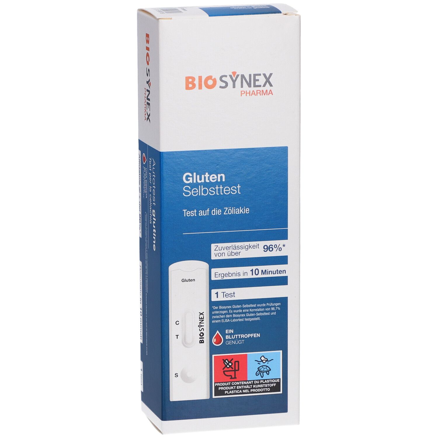 BIOSYNEX® Gluten Selbsttest-Verpackung. Blaue und weiße Verpackung mit Produktinformationen. Enthält Teststreifen.