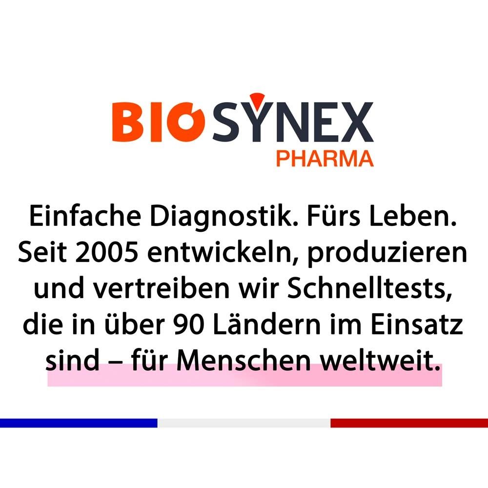 Text und Logo von BIOSYNEX PHARMA. Text: Einfache Diagnostik. Fürs Leben.