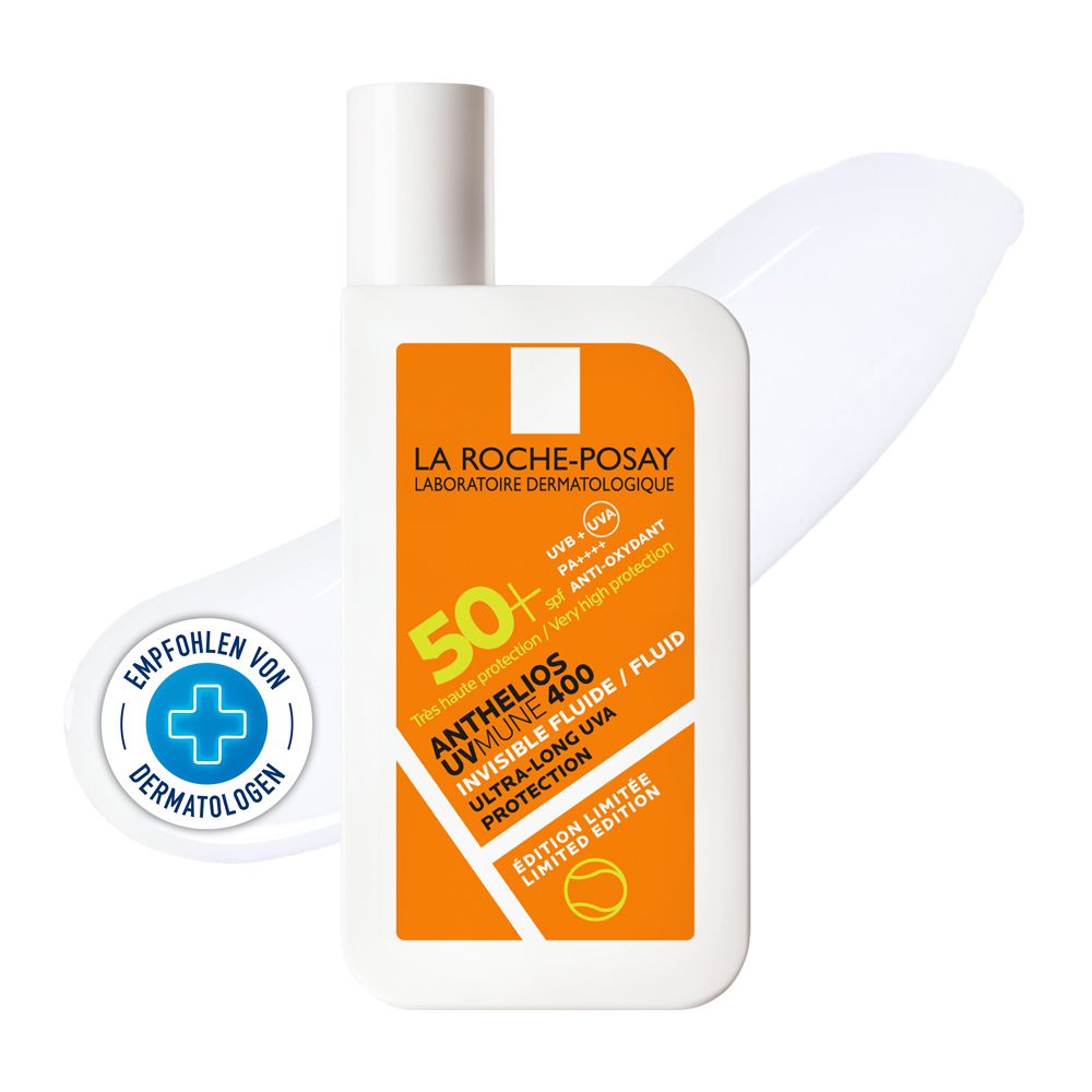 La Roche-Posay Anthelios UVMune 400 Fluid. Weiße Flasche mit orangefarbenem Etikett. 50+ LSF. Empfohlen von Dermatologen.