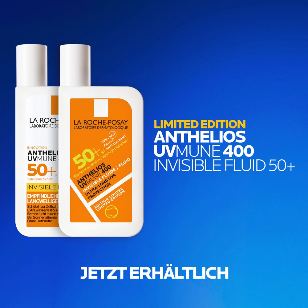 Zwei Flaschen La Roche-Posay Anthelios UVMune 400 Fluid. Orangefarbene Etiketten mit Text. Limited Edition. Blauer Hintergrund.