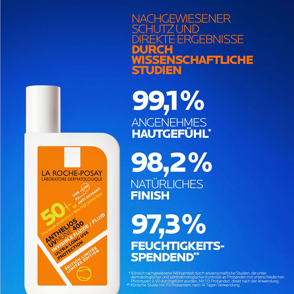 La Roche-Posay Anthelios UVMune 400 Fluid. Orangefarbenes Etikett. Text: 99,1% angenehmes Hautgefühl, 98,2% natürliches Finish, 97,3% Feuchtigkeit.