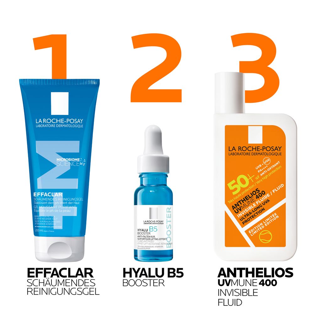 Drei Produkte: Effaclar Reinigungsgel, Hyalu B5 Booster, Anthelios UVMune 400 Fluid. Aufgereiht nebeneinander.