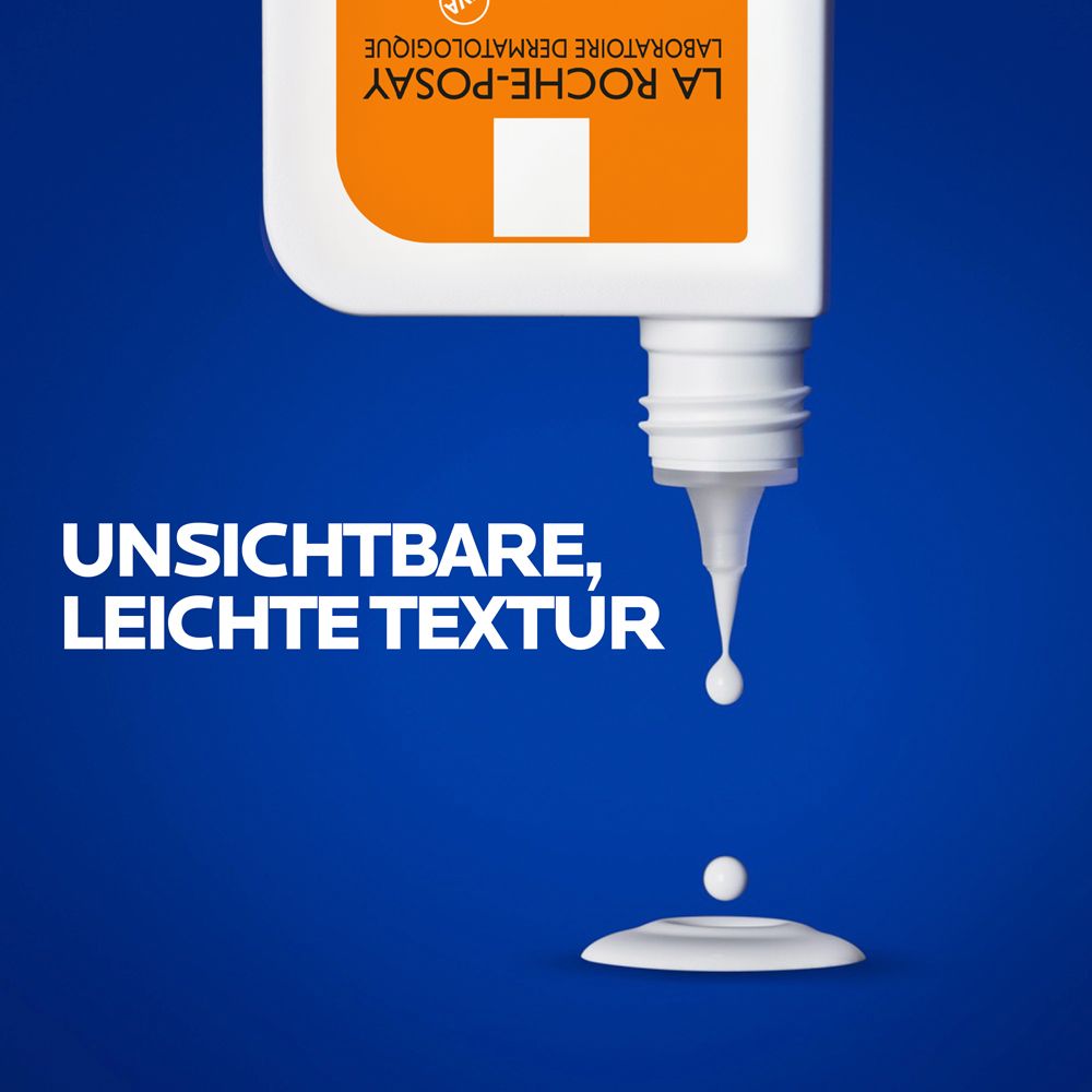 La Roche-Posay Anthelios UVMune 400 Fluid. Weiße Flasche. Tropfen Flüssigkeit. Text: Unsichtbare, leichte Textur.