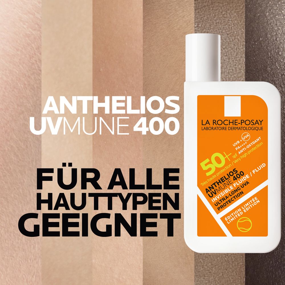 La Roche-Posay Anthelios UVMune 400 Fluid. Weiße Flasche mit orangefarbenem Etikett. Für alle Hauttypen geeignet.