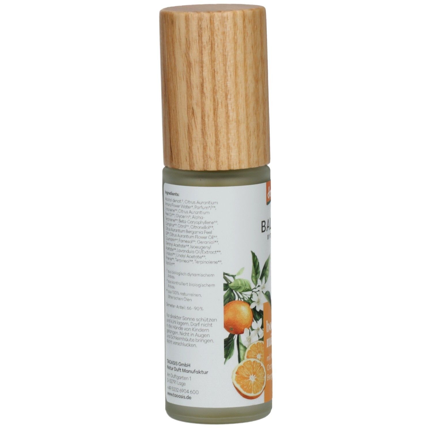 Rückseite BALDINI Neroli & Orange Body Mist mit Inhaltsstoffangaben und Demeter-Siegel.