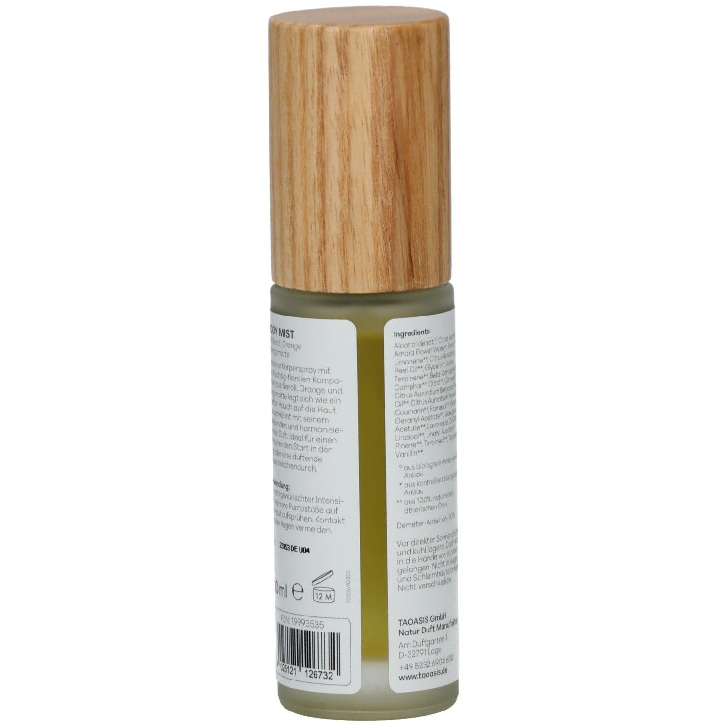 BALDINI Neroli & Orange Body Mist, 30ml. Rückseite mit Anwendungshinweisen und Barcode.