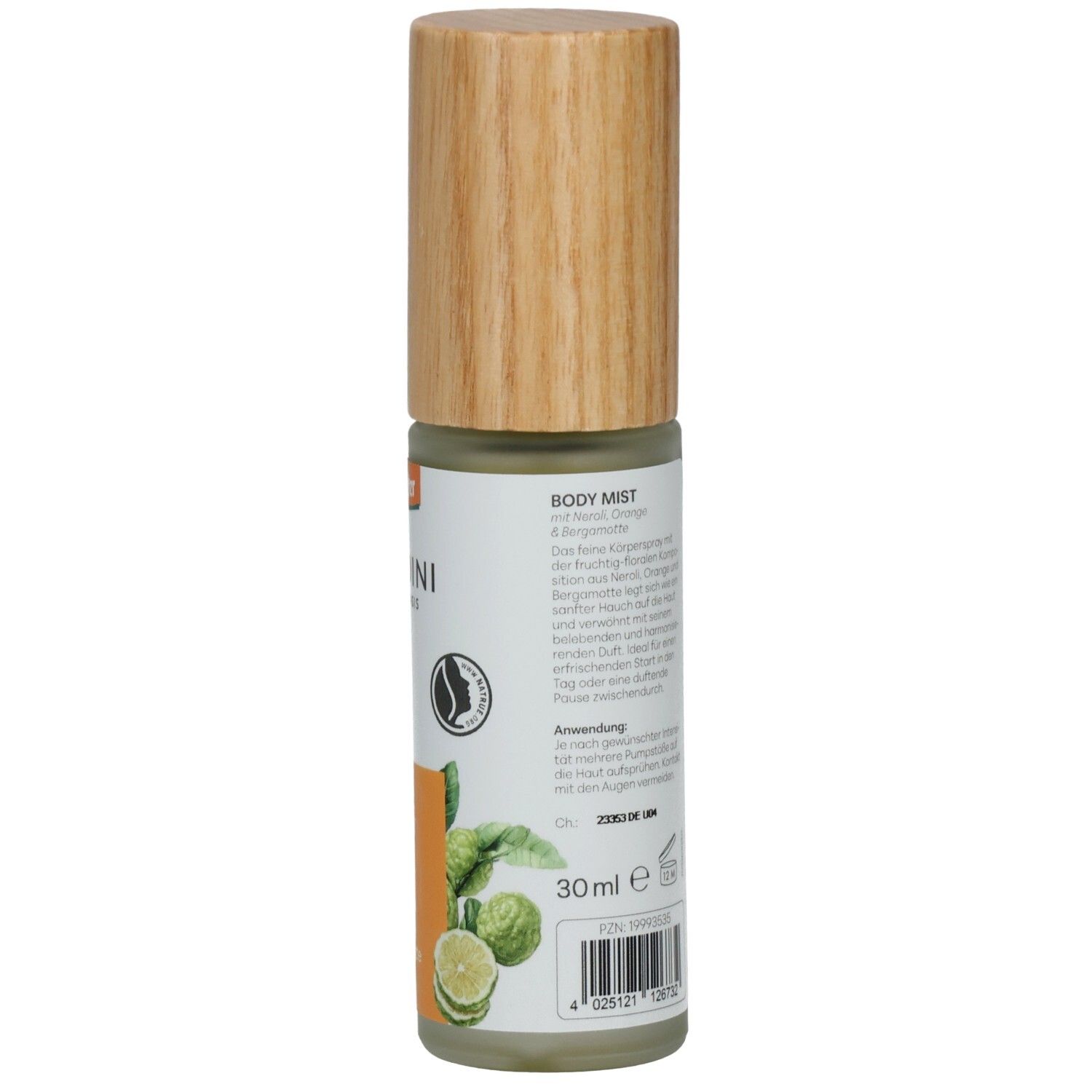 BALDINI Neroli & Orange Body Mist, 30ml. Vorderseite mit Orangen- und Bergamotte-Motiv.
