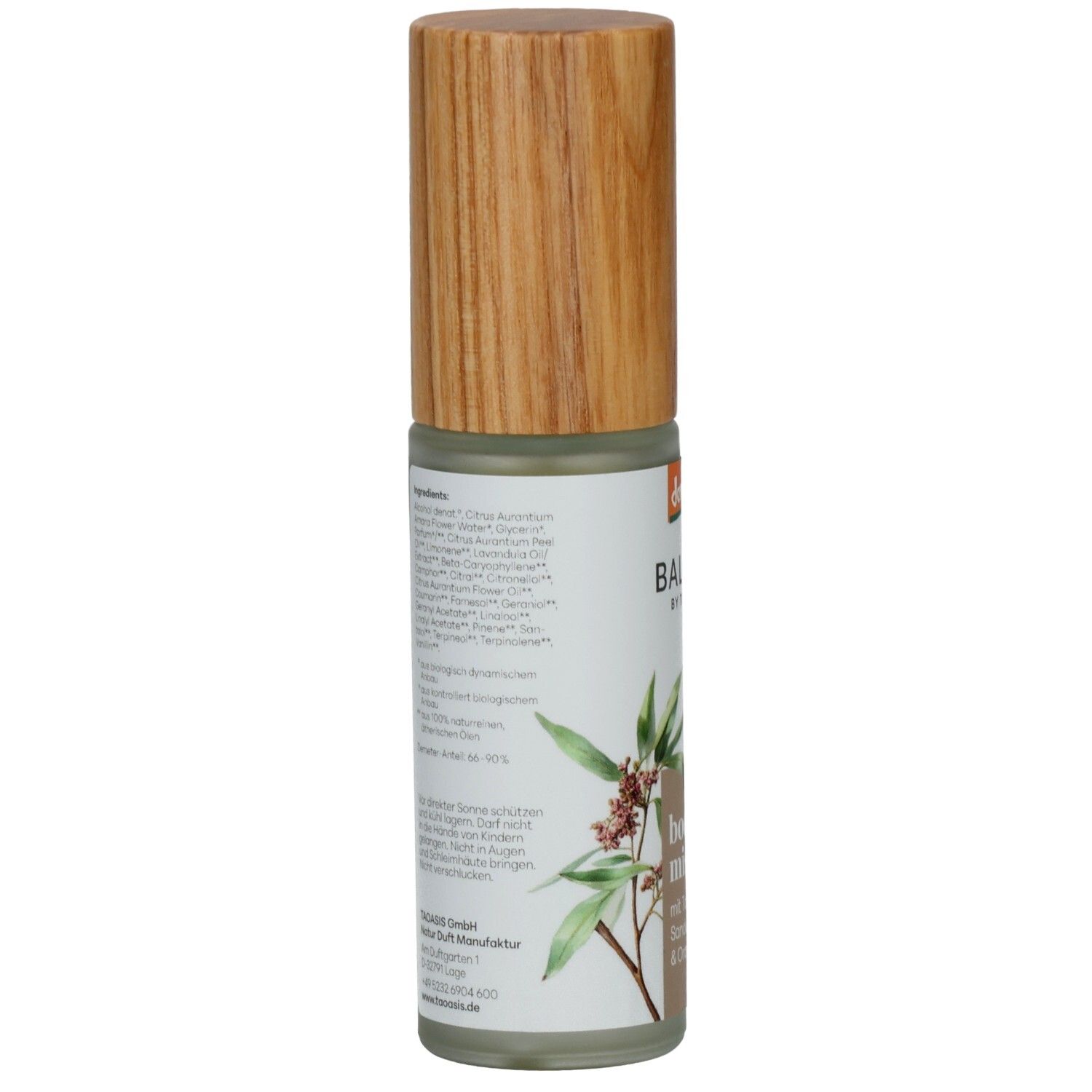 Rückseite BALDINI Sandelholz & Tonka Body Mist. Zutatenliste und Anwendungshinweise auf Deutsch.