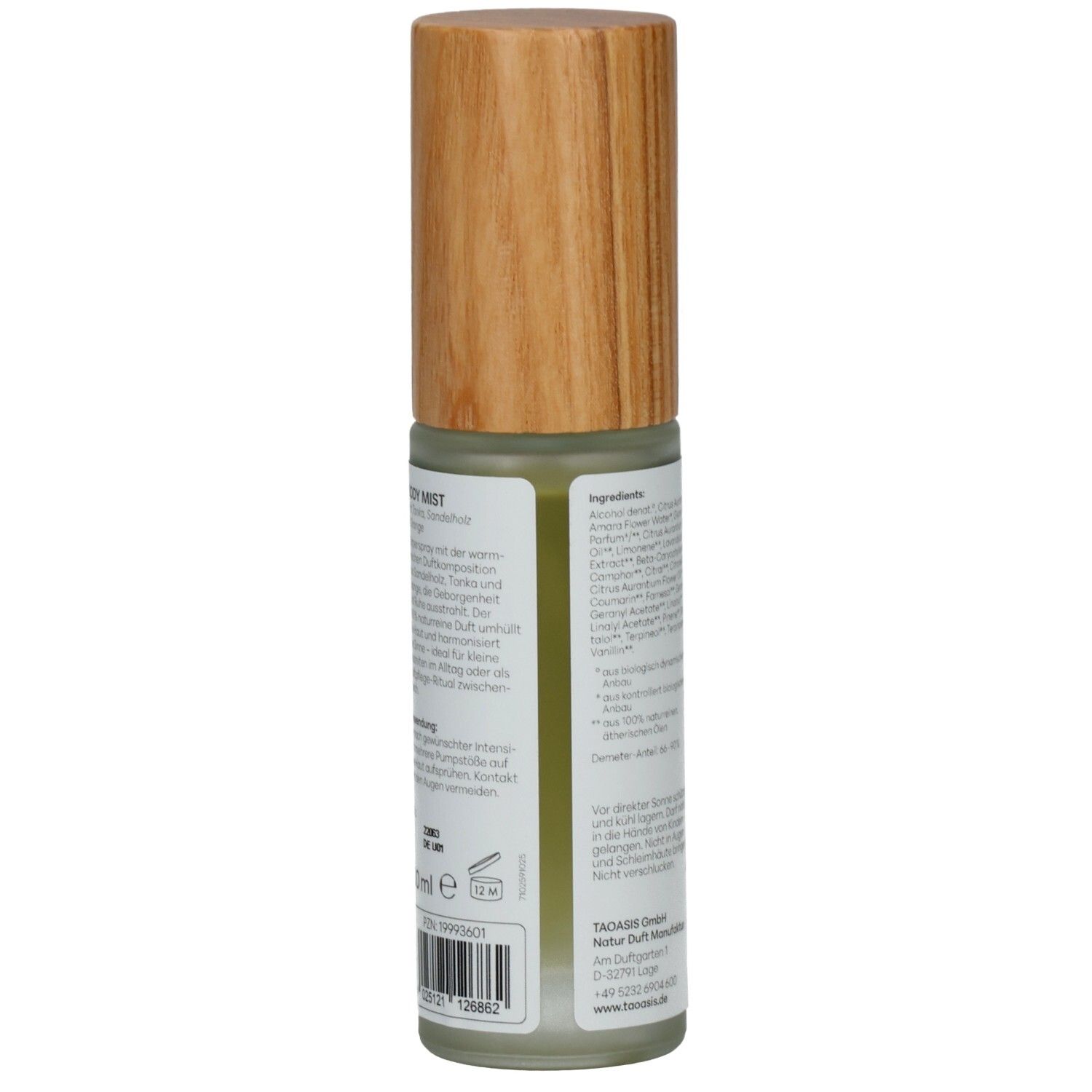 Seitenansicht BALDINI Sandelholz & Tonka Body Mist. EAN-Code und 30ml Angabe sichtbar.