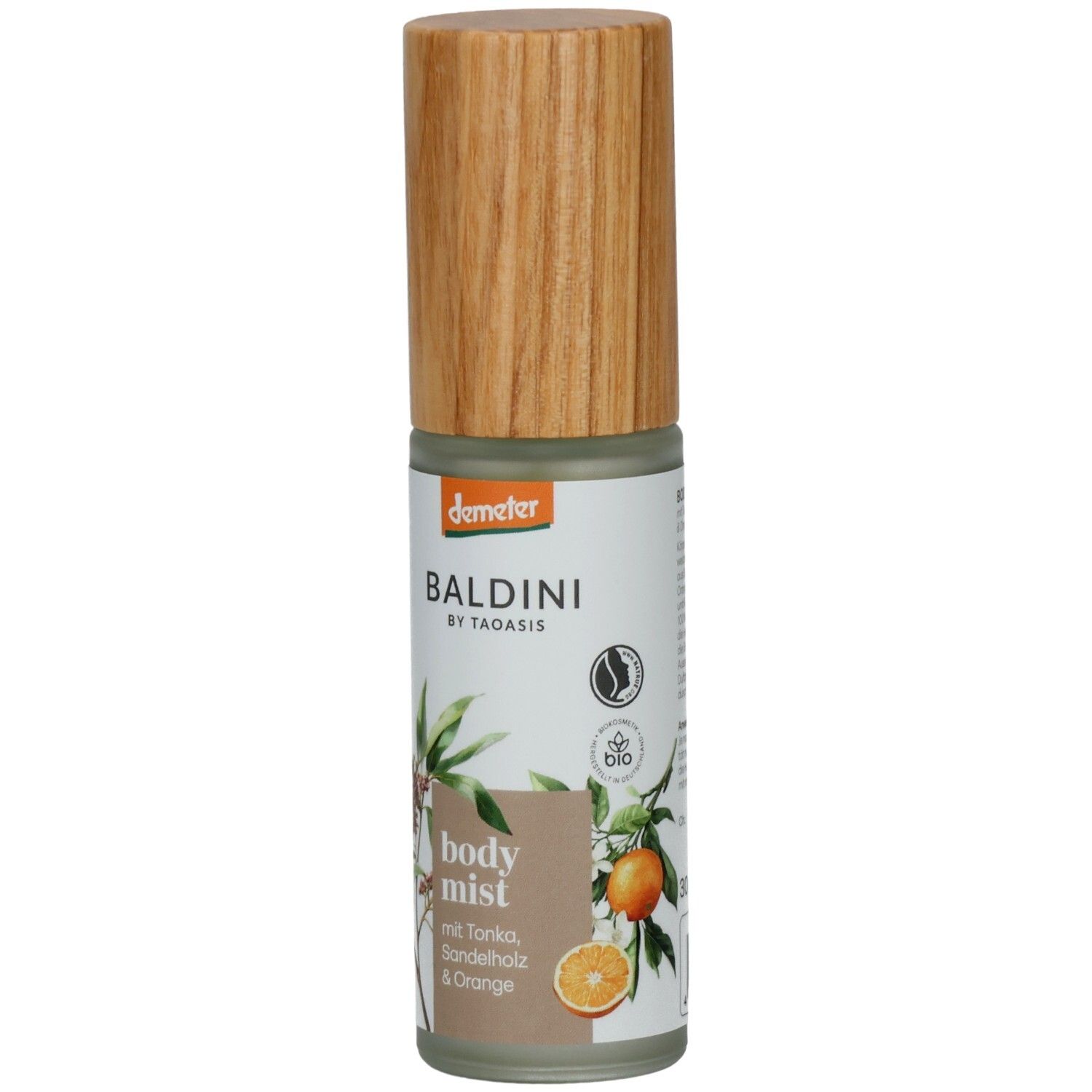 BALDINI Sandelholz & Tonka Body Mist mit Holzdeckel. Demeter und Bio-Siegel sichtbar.