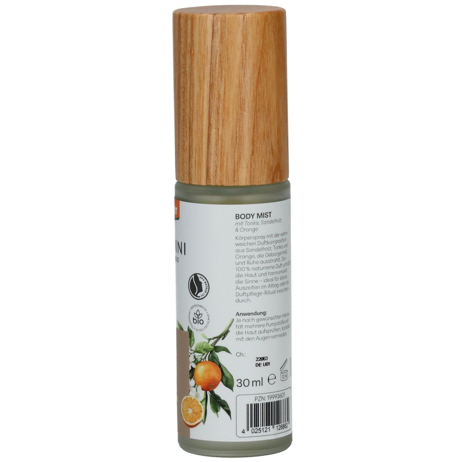 BALDINI Sandelholz & Tonka Body Mist mit Holzdeckel. Anwendungshinweise und 30ml Angabe sichtbar.