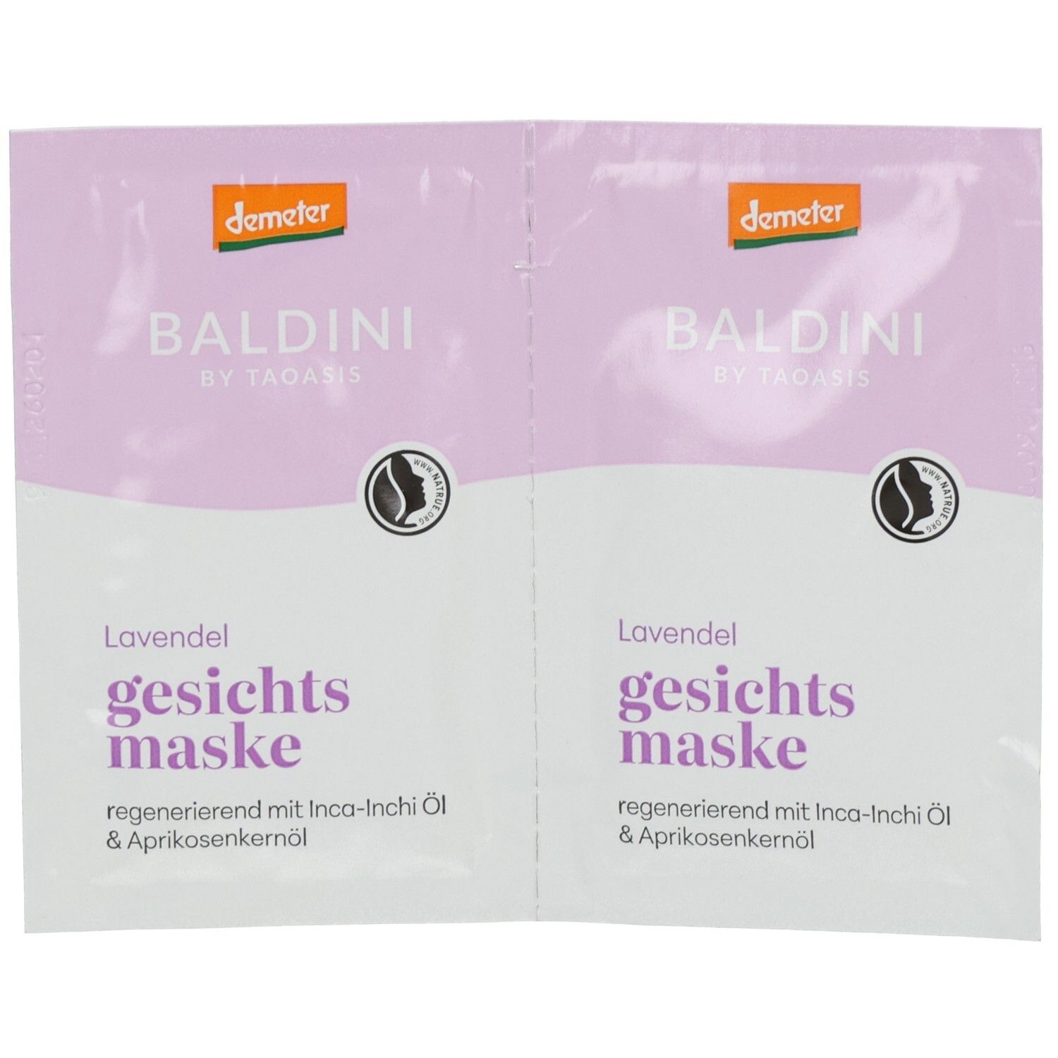 Zwei BALDINI Lavendel Gesichtsmasken mit Demeter-Siegel, regenerierend mit Inca-Inchi Öl & Aprikosenkernöl.