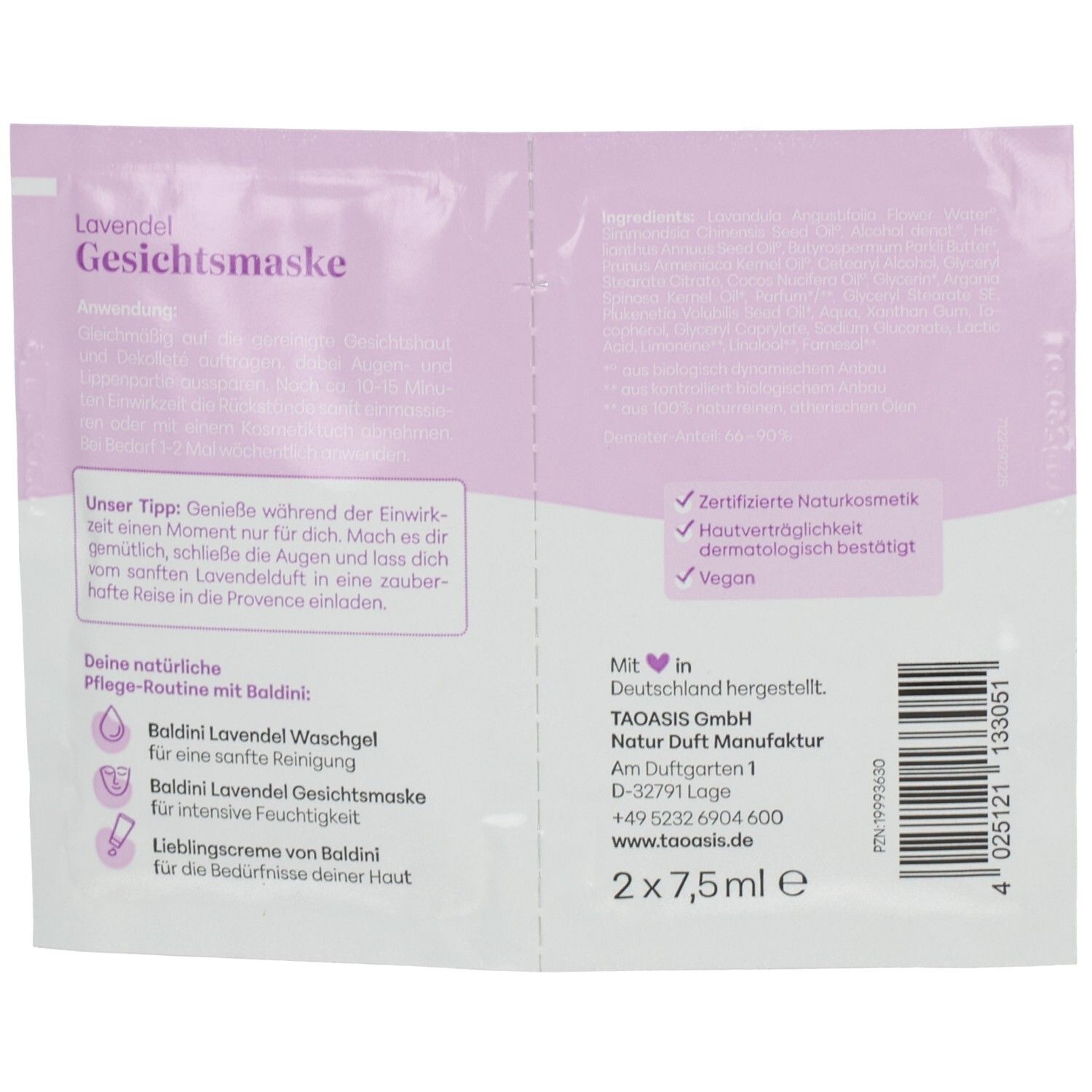 Rückseite einer BALDINI Lavendel Gesichtsmaske mit Inhaltsstoffen, Anwendungstipps und Siegeln wie zertifizierte Naturkosmetik.