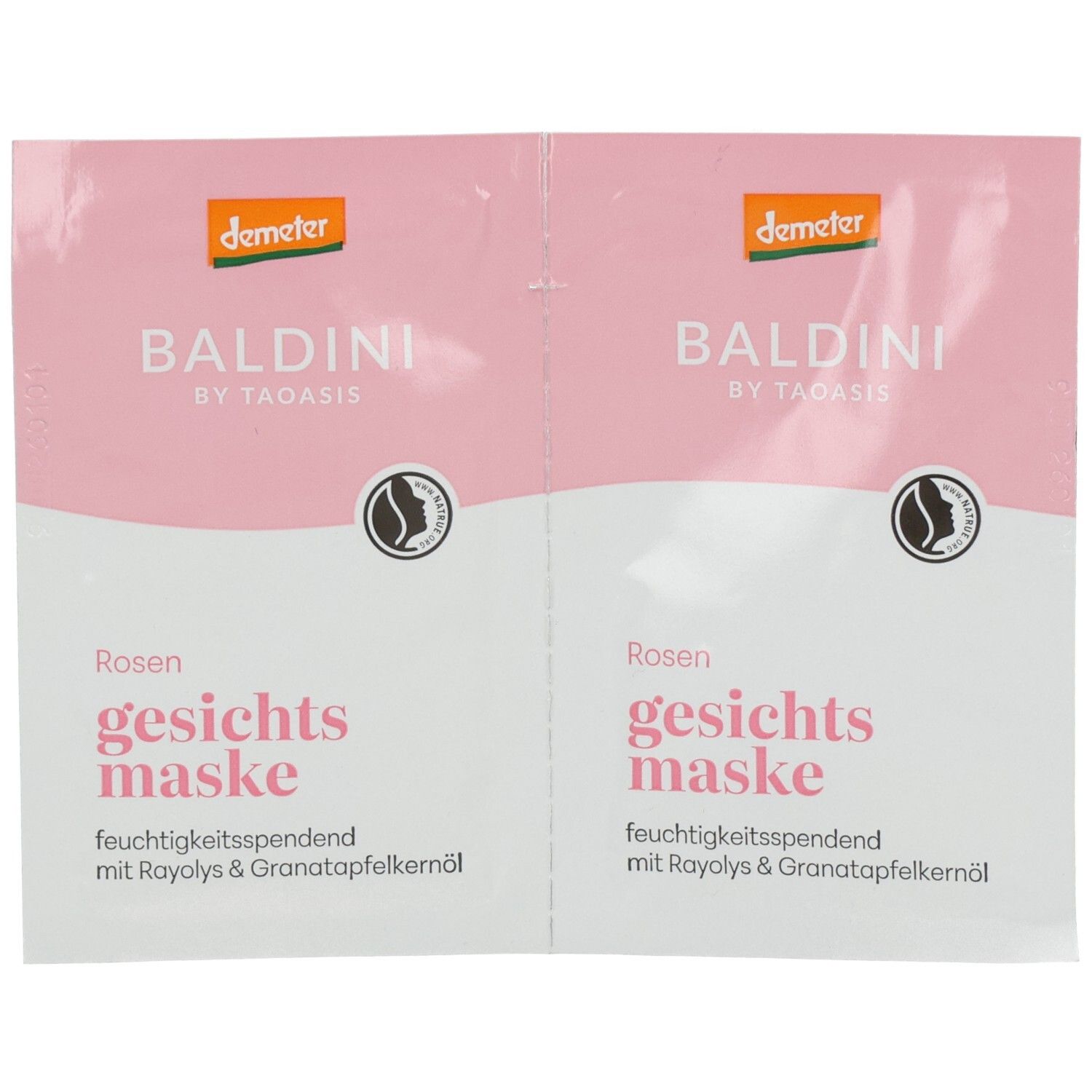 Zwei BALDINI Rosen Gesichtsmasken-Päckchen mit Demeter-Siegel.